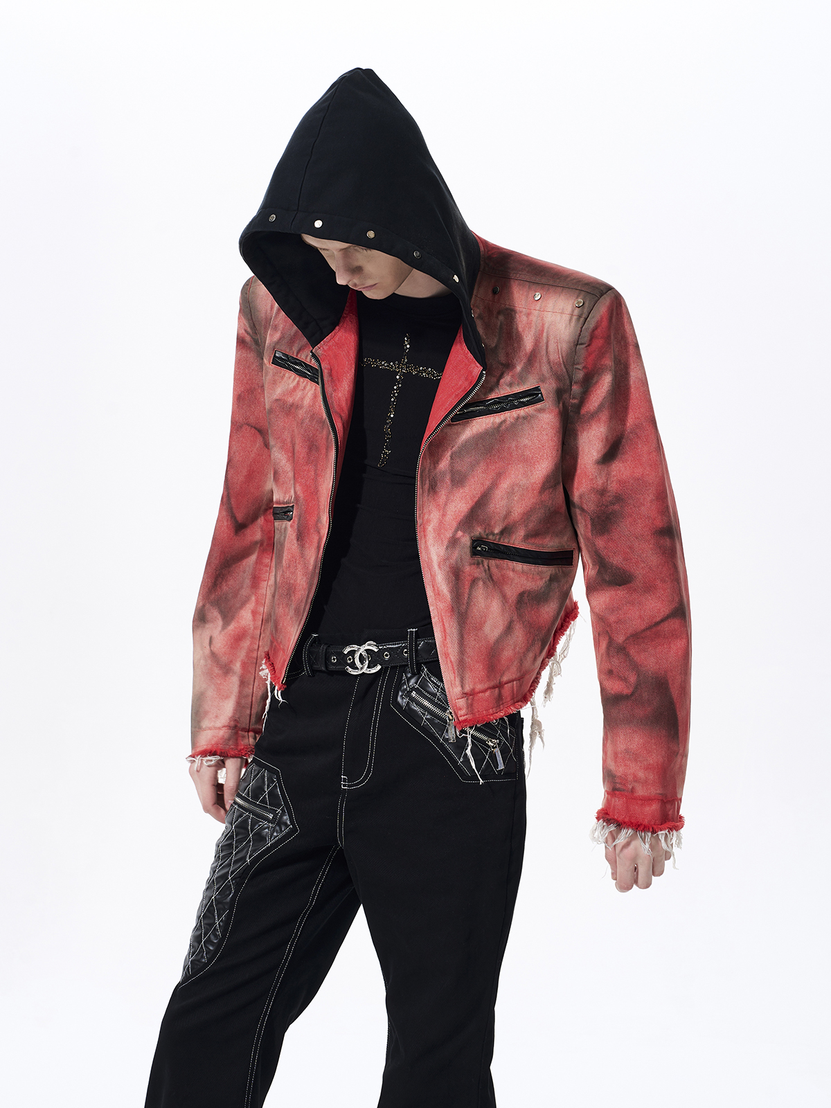 DISTRESSED HOODED CROPPED DENIM JACKET