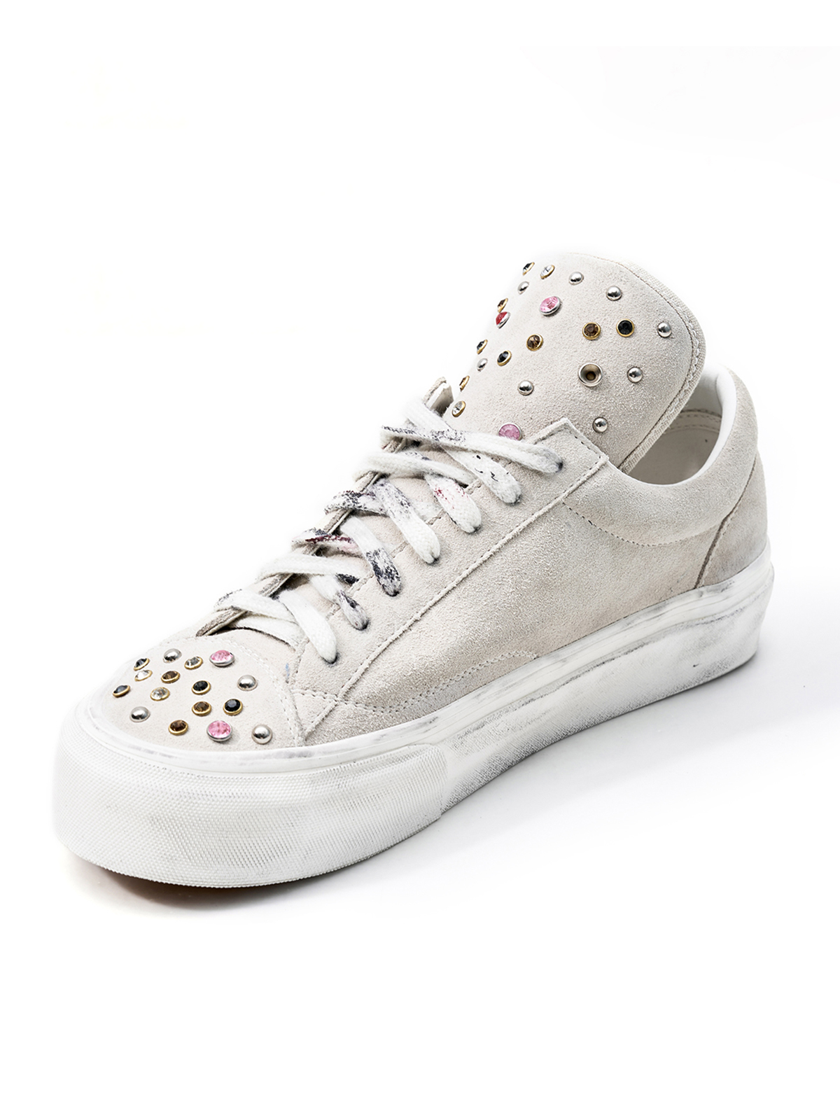 RHINESTONE STUDDED DISTRESSED PLATFORM SNEAKERS-VINTAGE WHITE