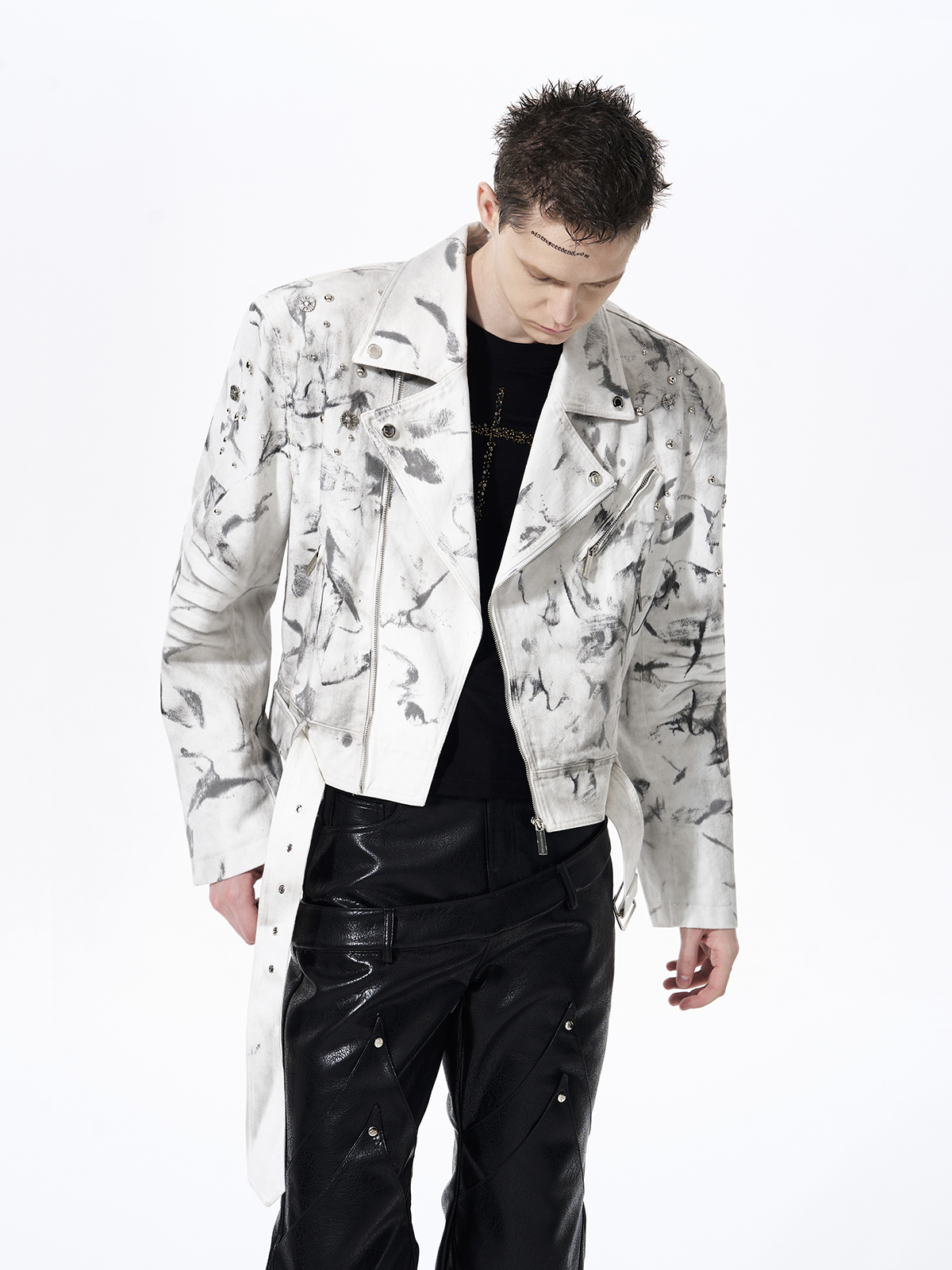 DIRTY WASH STUDDED CROPPED BIKER DENIM JACKET