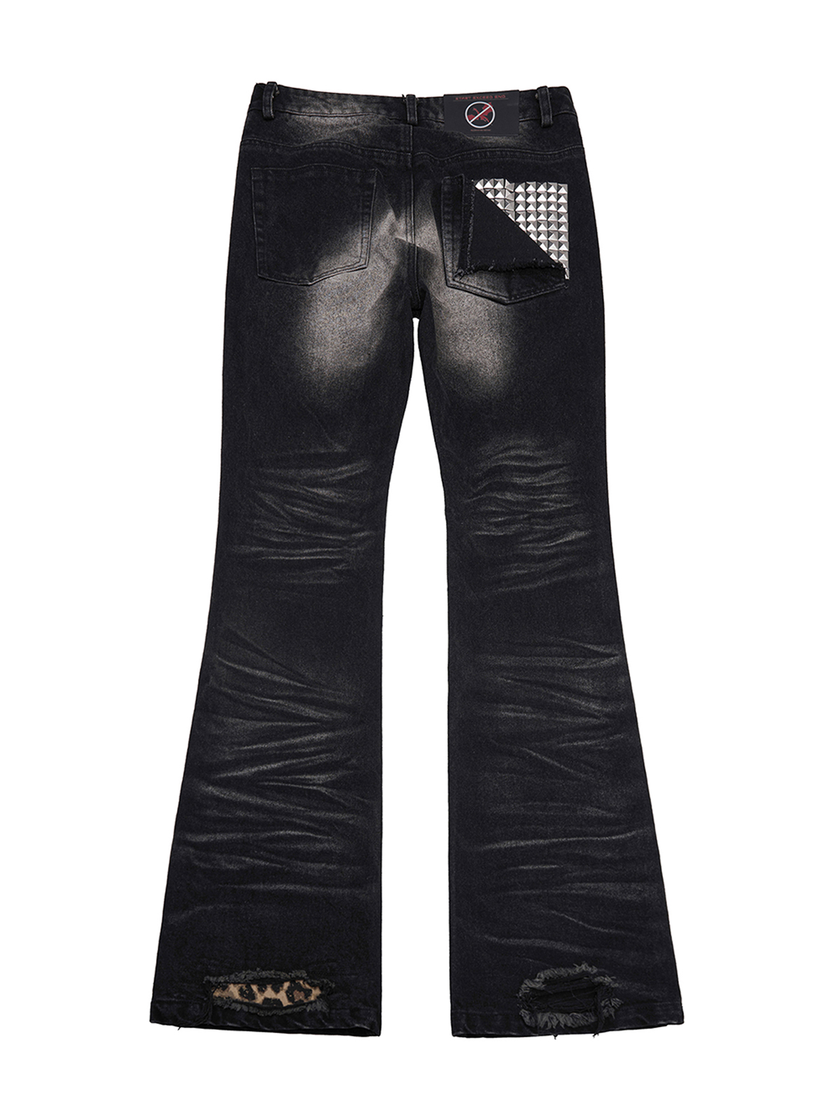 WASHED STACKED DISTRESSED LEOPARD PRINT FLARE JEANS