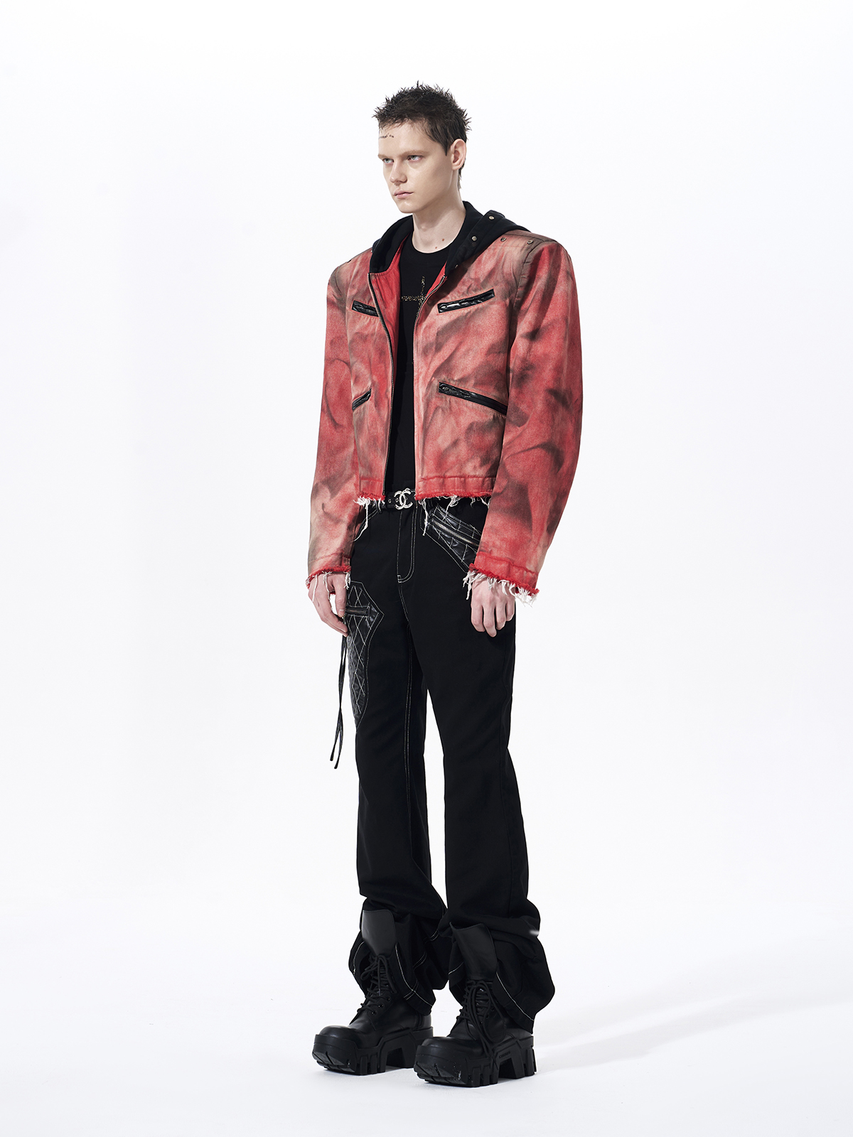 DISTRESSED HOODED CROPPED DENIM JACKET