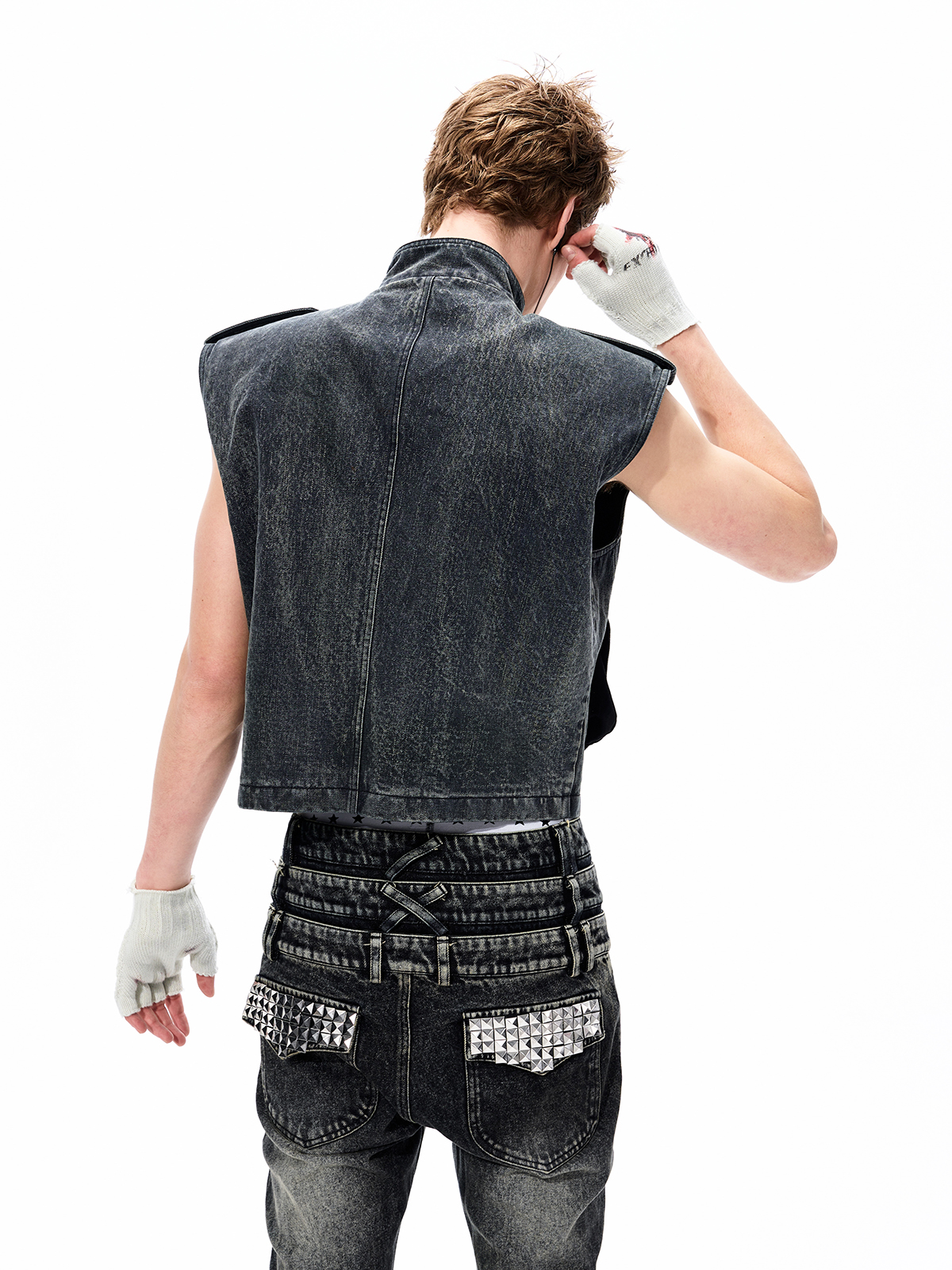 DISTRESSED DENIM NAPOLEON MILITARY VEST