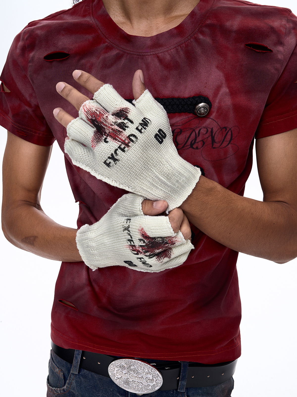 BLOODSTAIN DISTRESSED HALF-FINGER KNIT GLOVES
