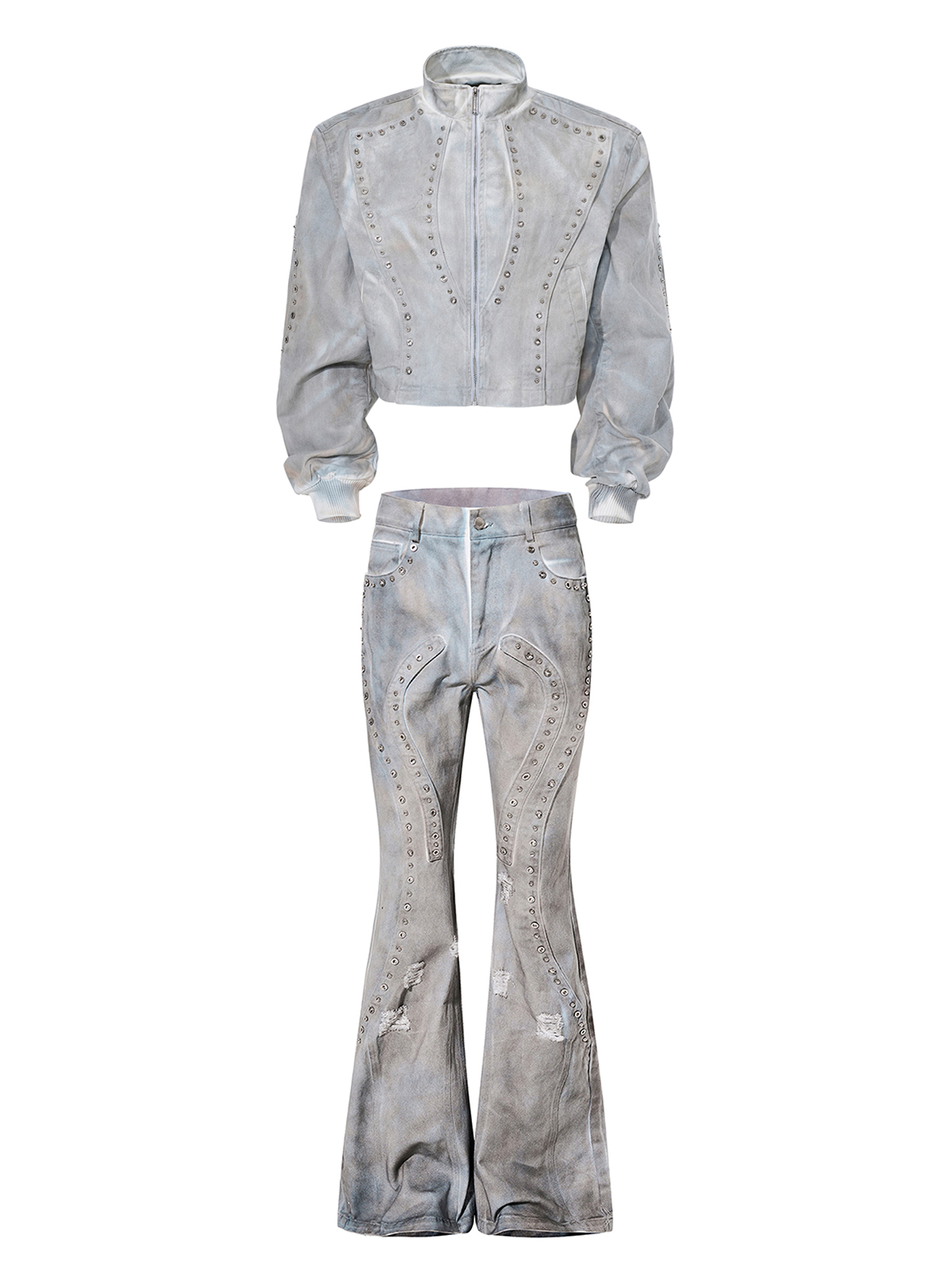 DECONSTRUCTED TIE-DYE WASHED STUDDED DENIM SET