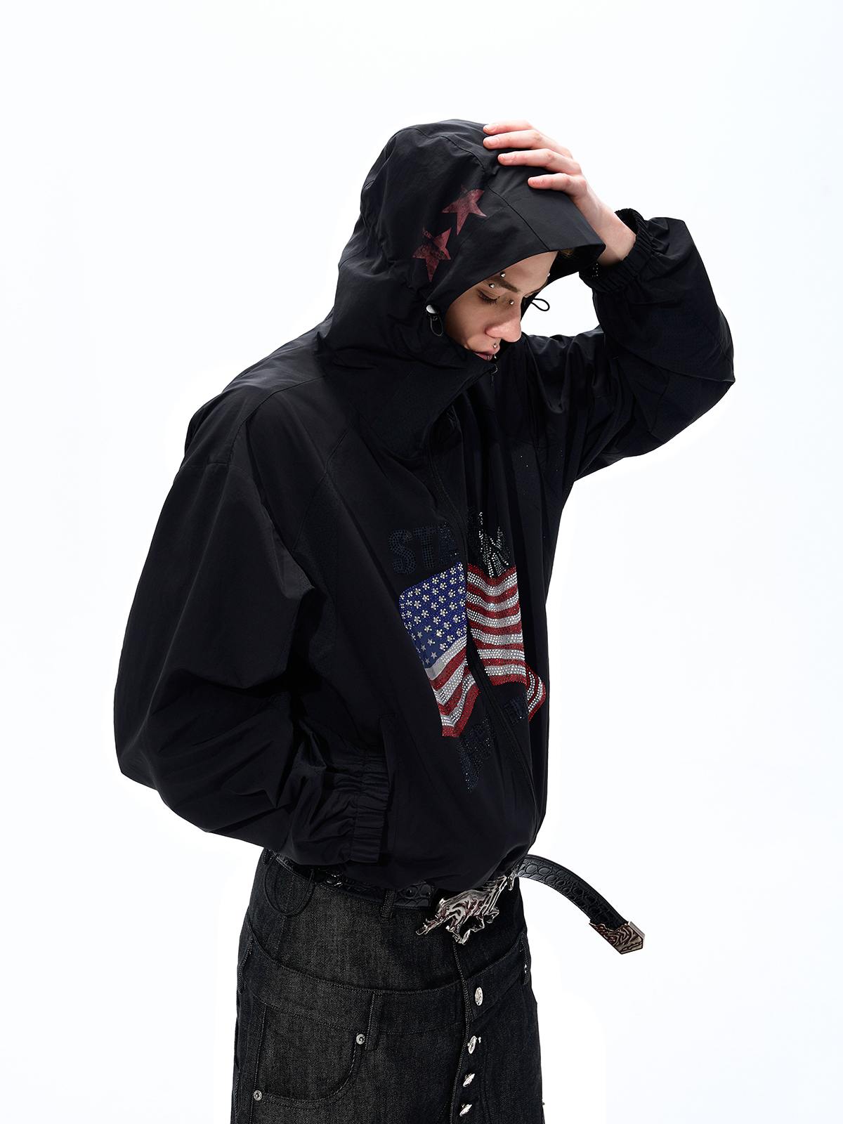 RHINESTONE AMERICANA LIGHTWEIGHT SUN HOODIE-BLACK