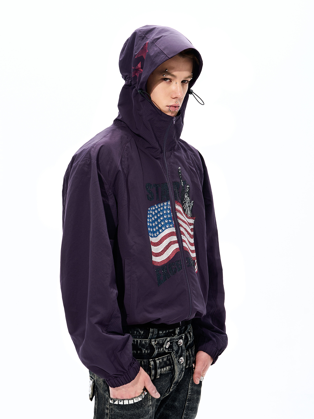 RHINESTONE AMERICANA LIGHTWEIGHT SUN HOODIE-PLUM PURPLE