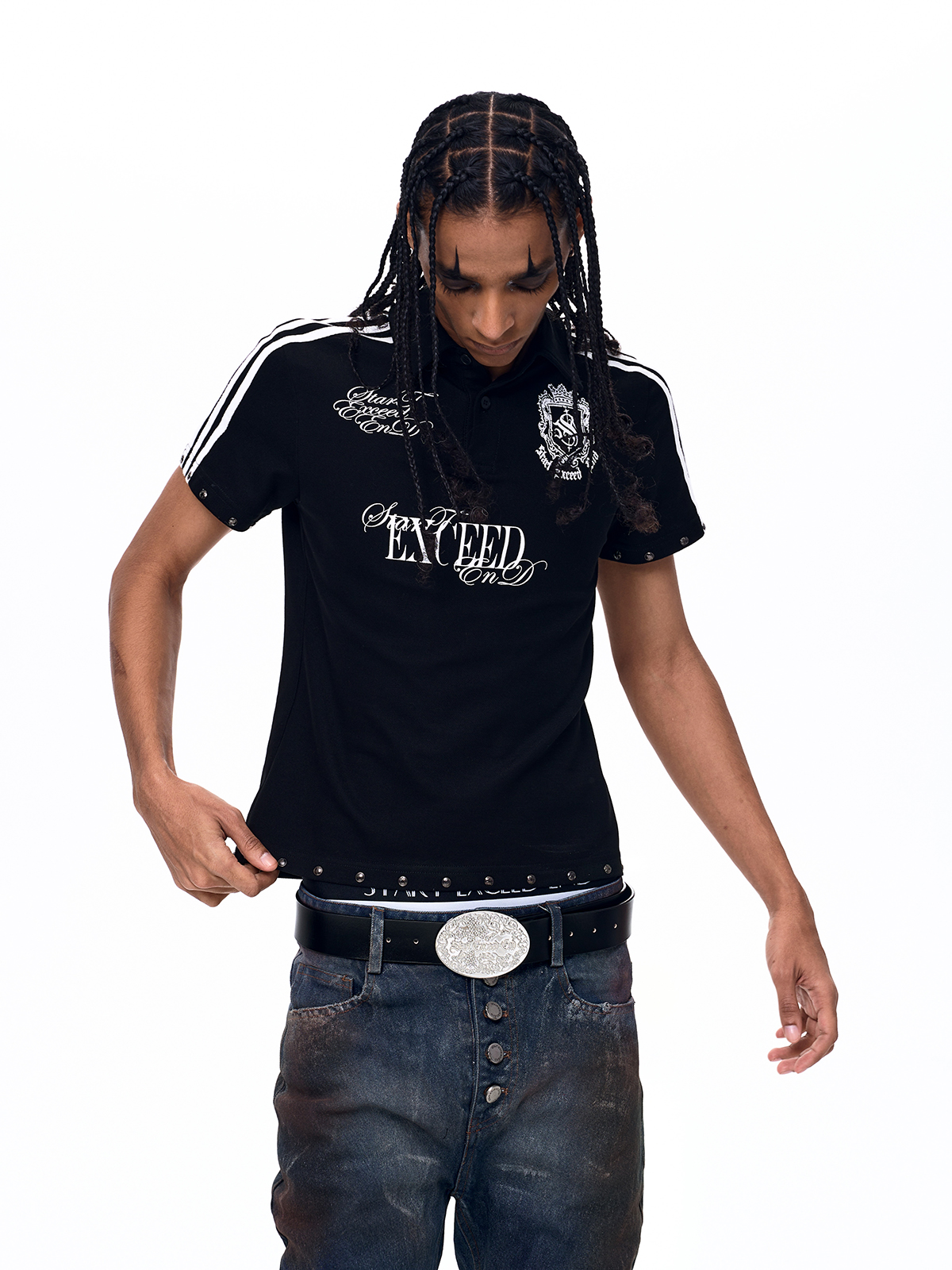 STUDDED DOUBLE STRIPE CREST POLO SHIRT