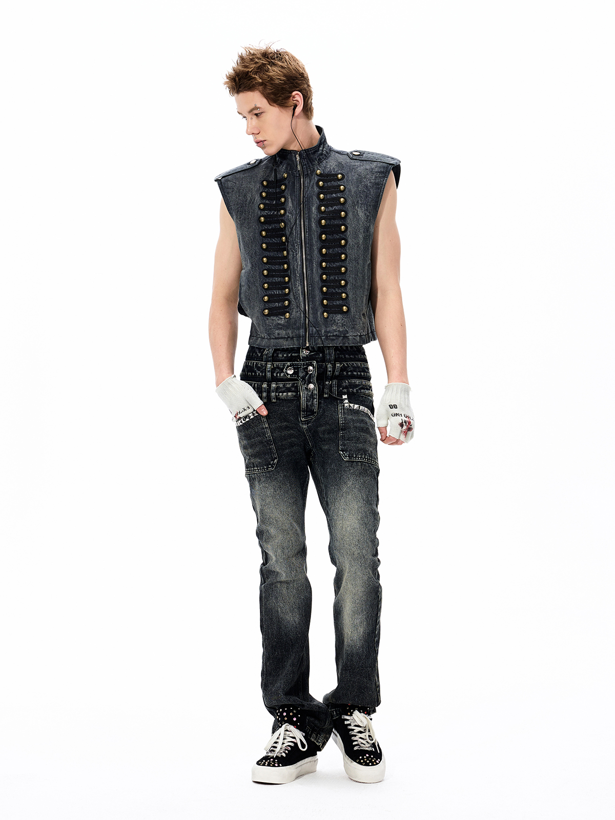 DISTRESSED DENIM NAPOLEON MILITARY VEST