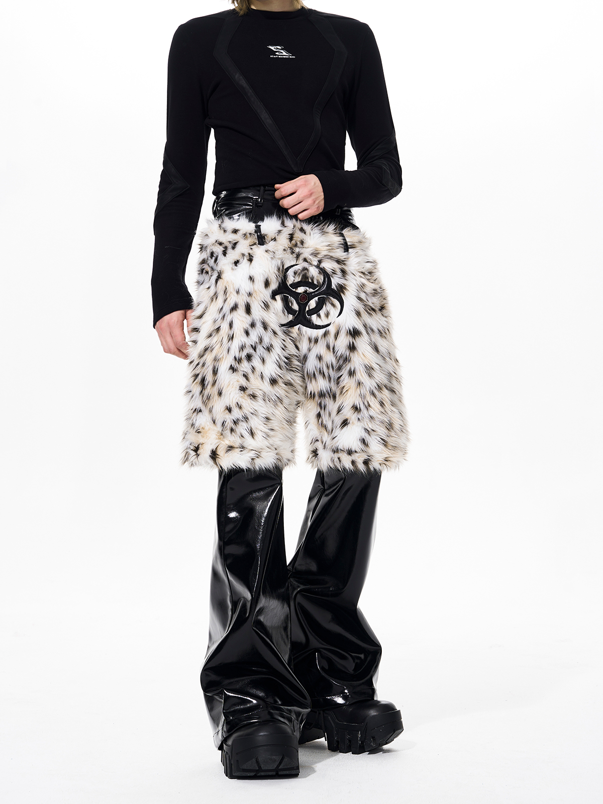 LEOPARD FUR LAYERED PATENT LEATHER FLARED PANTS