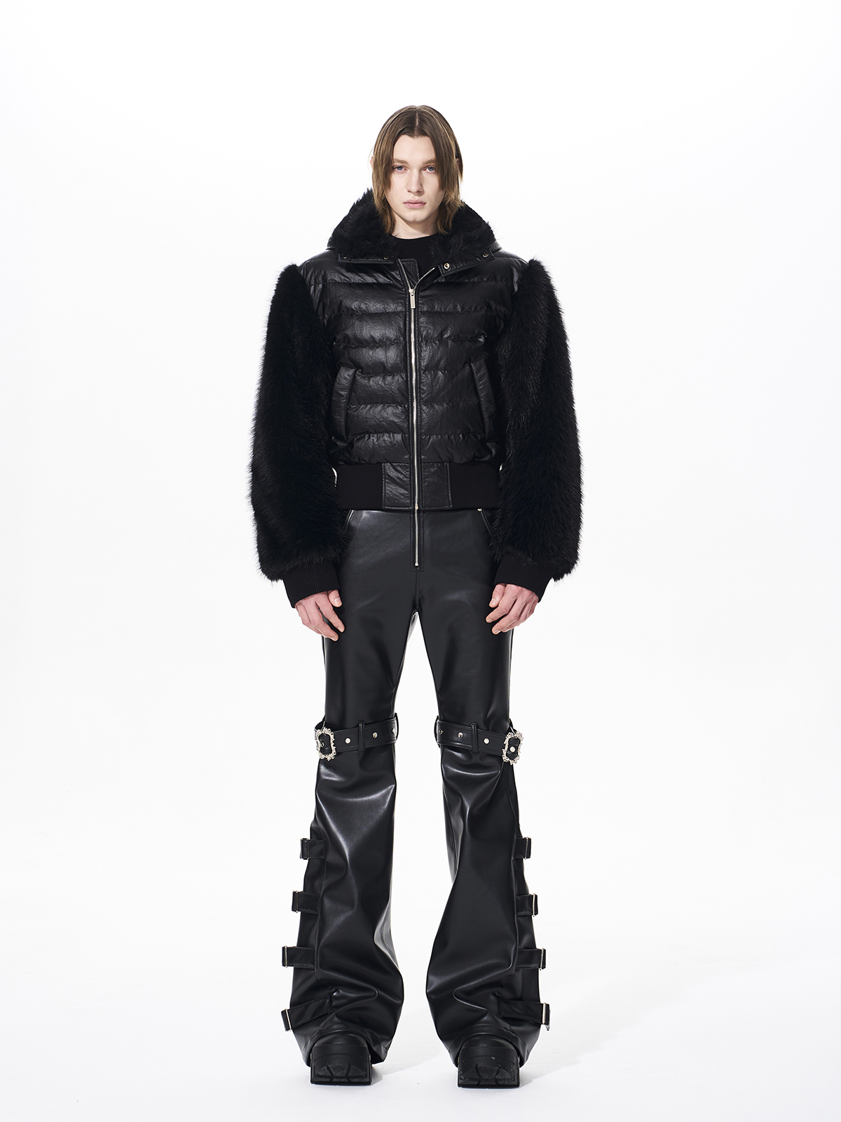 MULTI-BUCKLE STRAP RIVET FLARED PU LEATHER PANTS