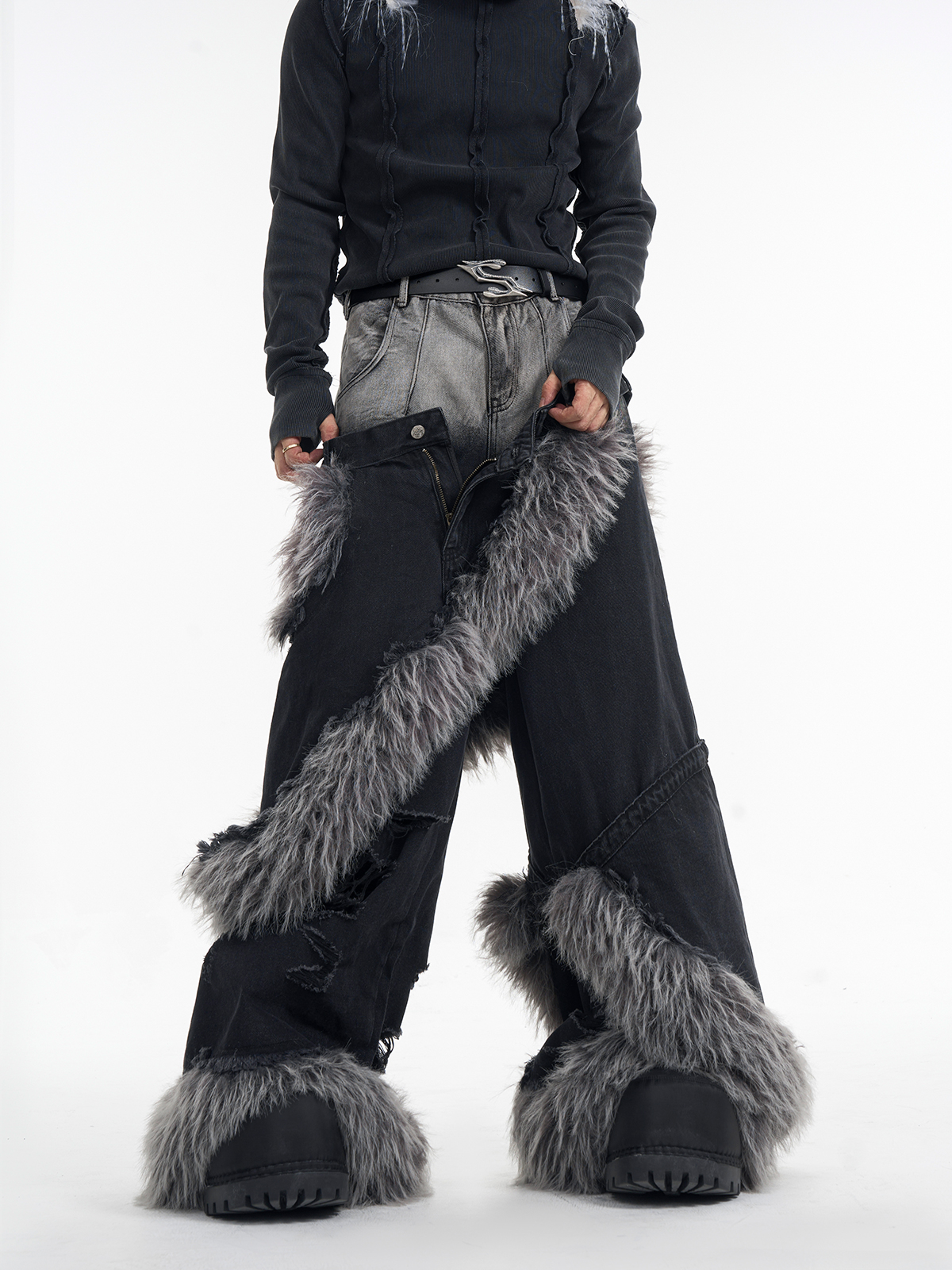 DOUBLE WAIST FUR SPIRAL WIDE LEG JEANS-START EXCEED END