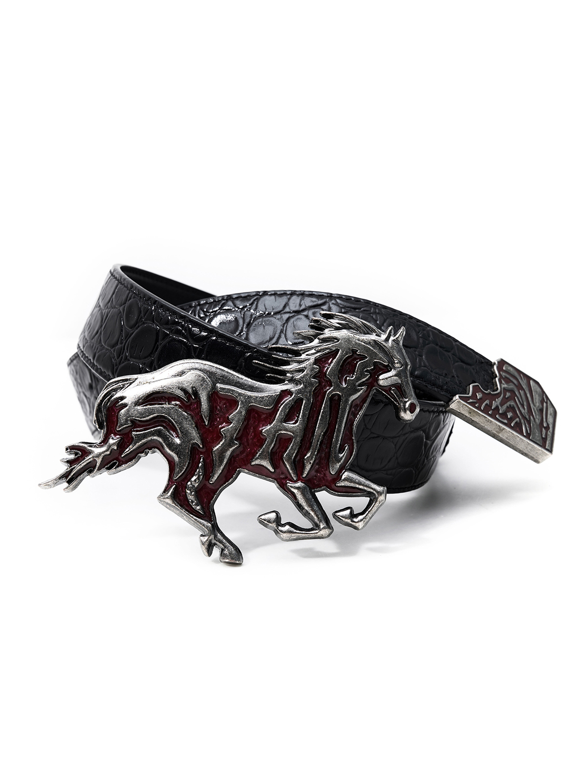 OVERSIZED WARHORSE BUCKLE CROC-EMBOSSED LEATHER BELT-CRIMSON/SILVER