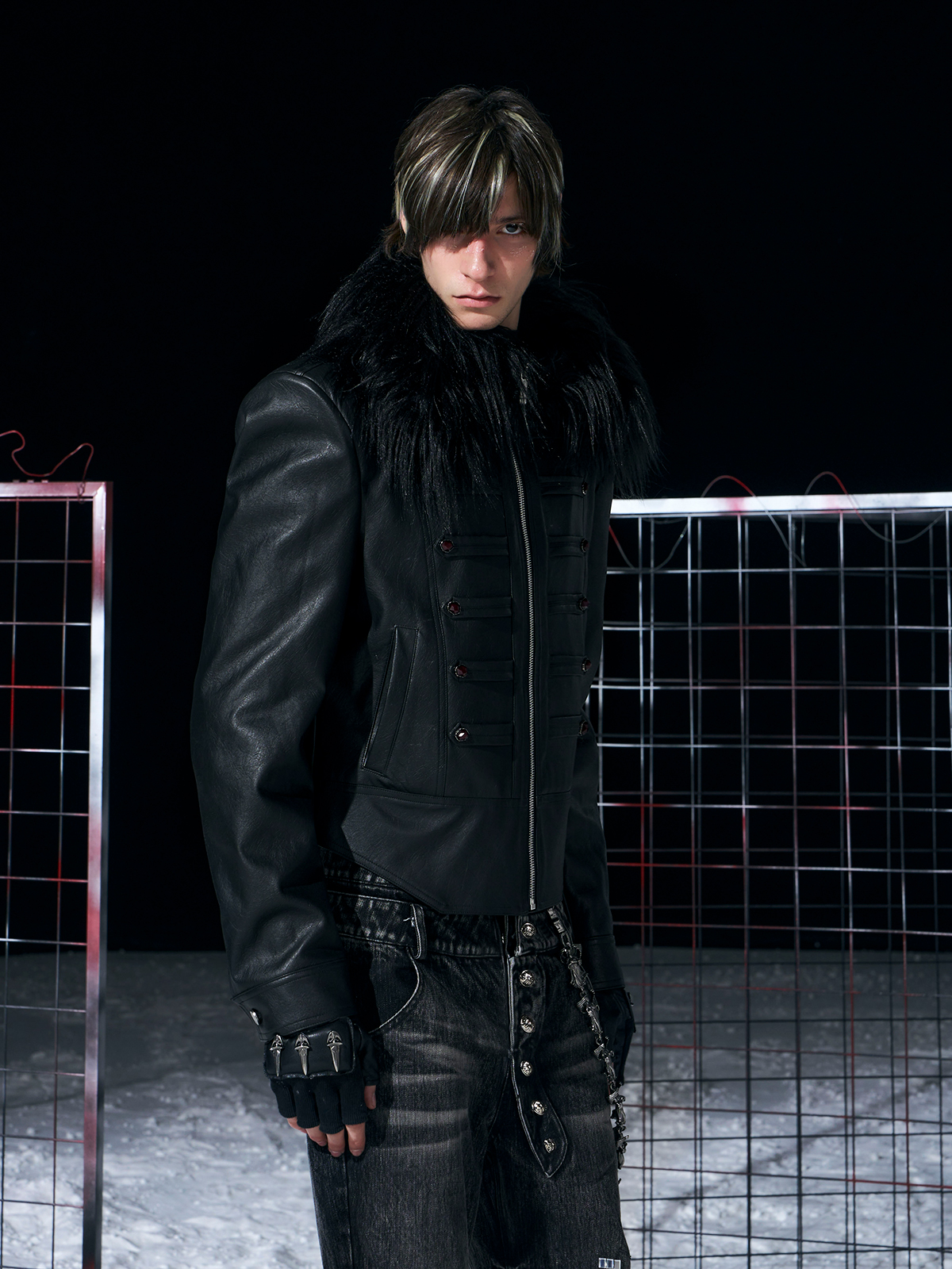 BLACK MILITARY HUSSAR JACKET WITH JEWEL BUTTONS & FUR COLLAR