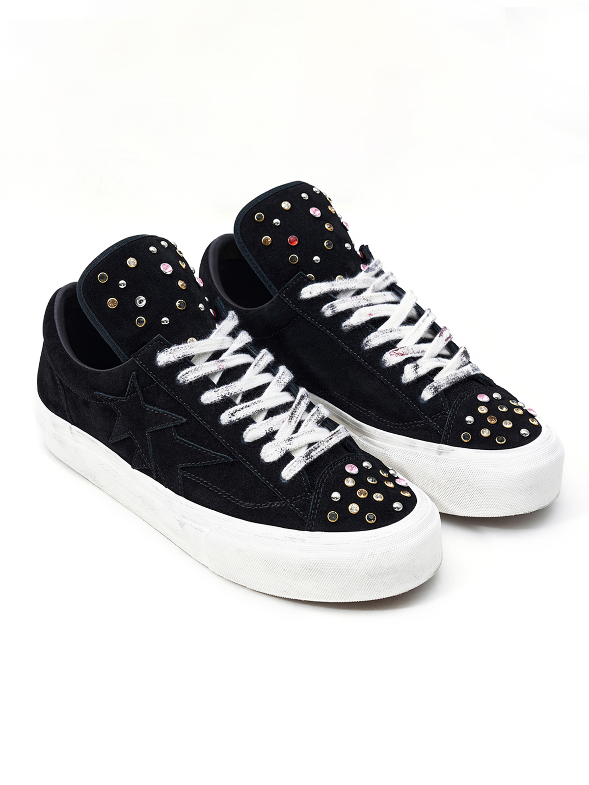RHINESTONE STUDDED DISTRESSED PLATFORM SNEAKERS-FADED BLACK