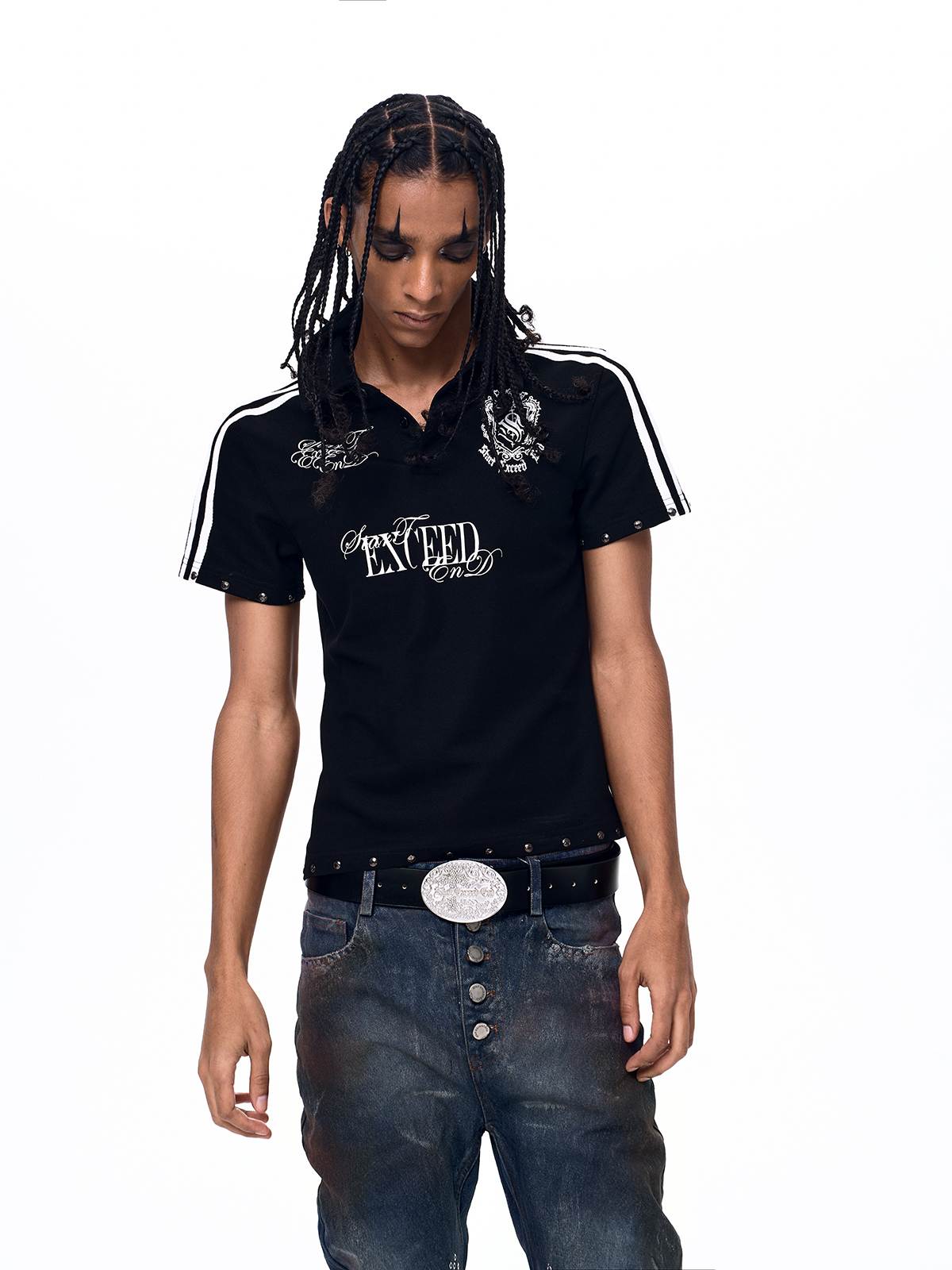 STUDDED DOUBLE STRIPE CREST POLO SHIRT