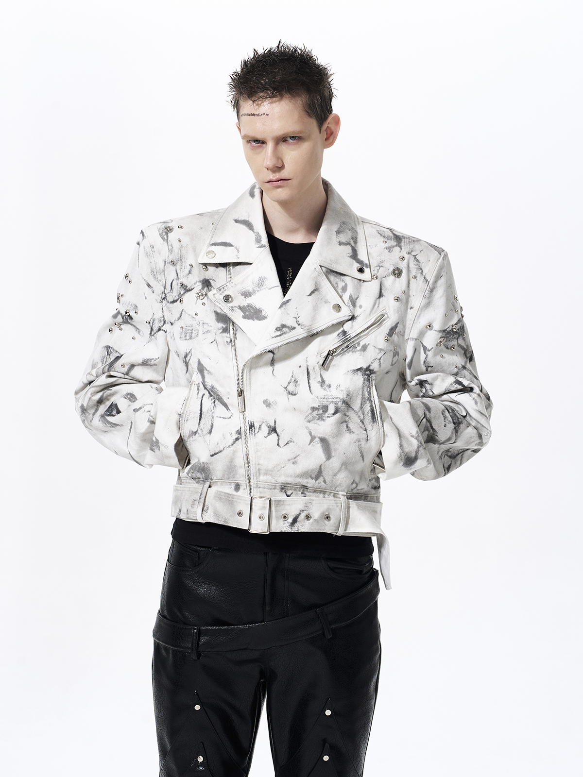 DIRTY WASH STUDDED CROPPED BIKER DENIM JACKET