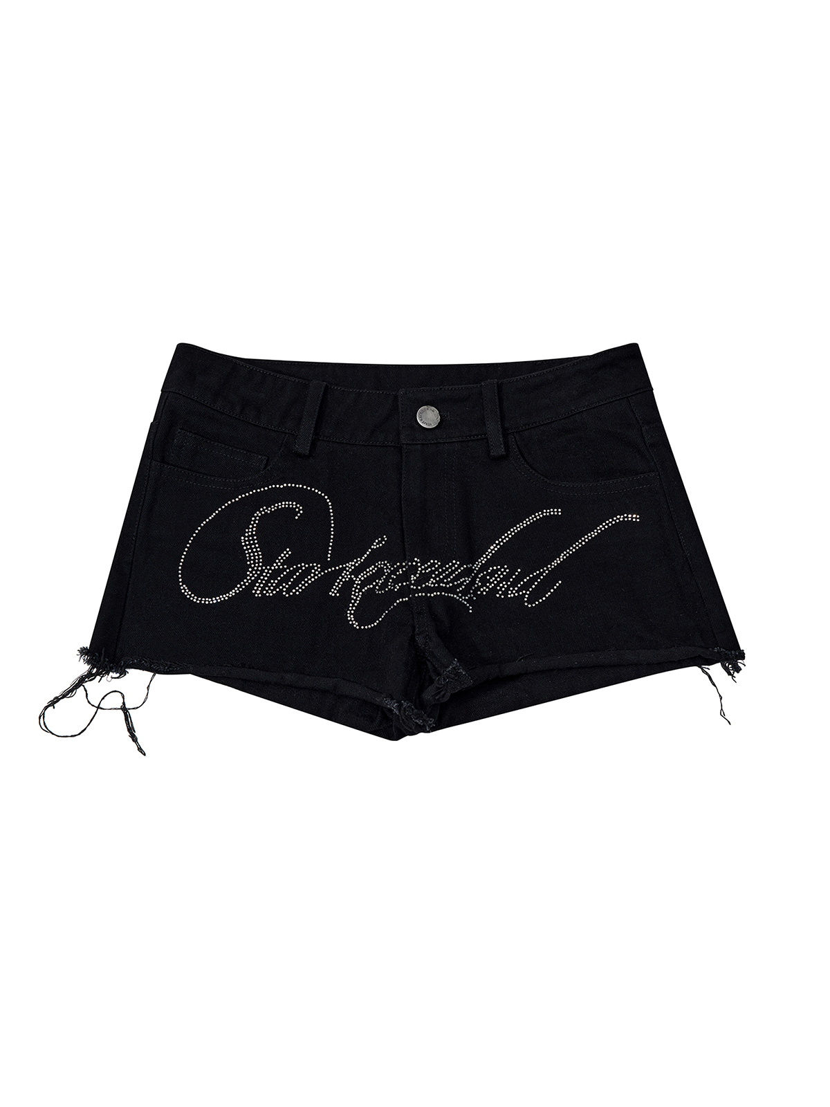 RHINESTONE MUSICAL NOTE LOW-RISE DENIM HOT PANTS-BLACK