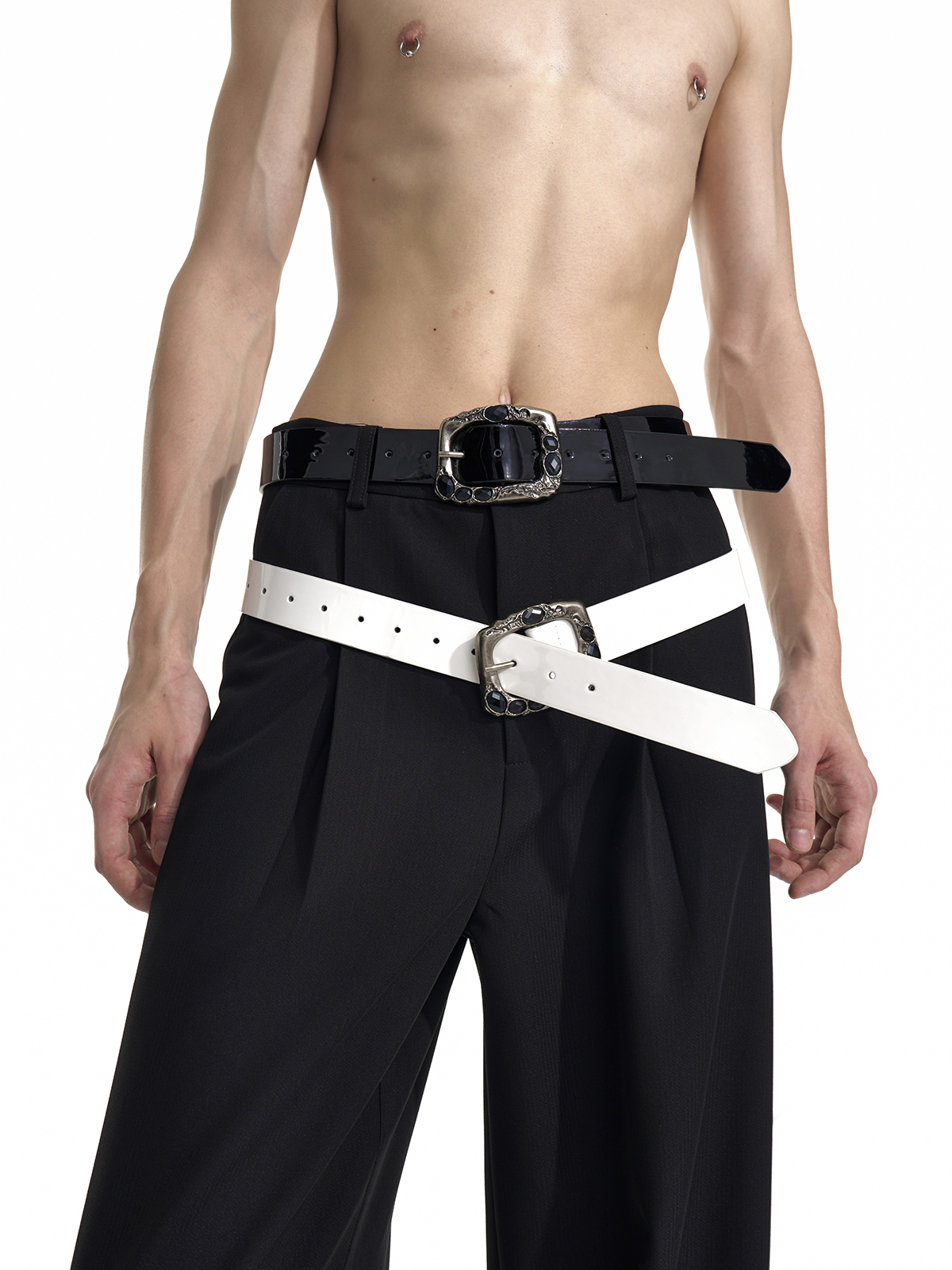 VINTAGE GEMSTONE BUCKLE LEATHER BELT-WHITE