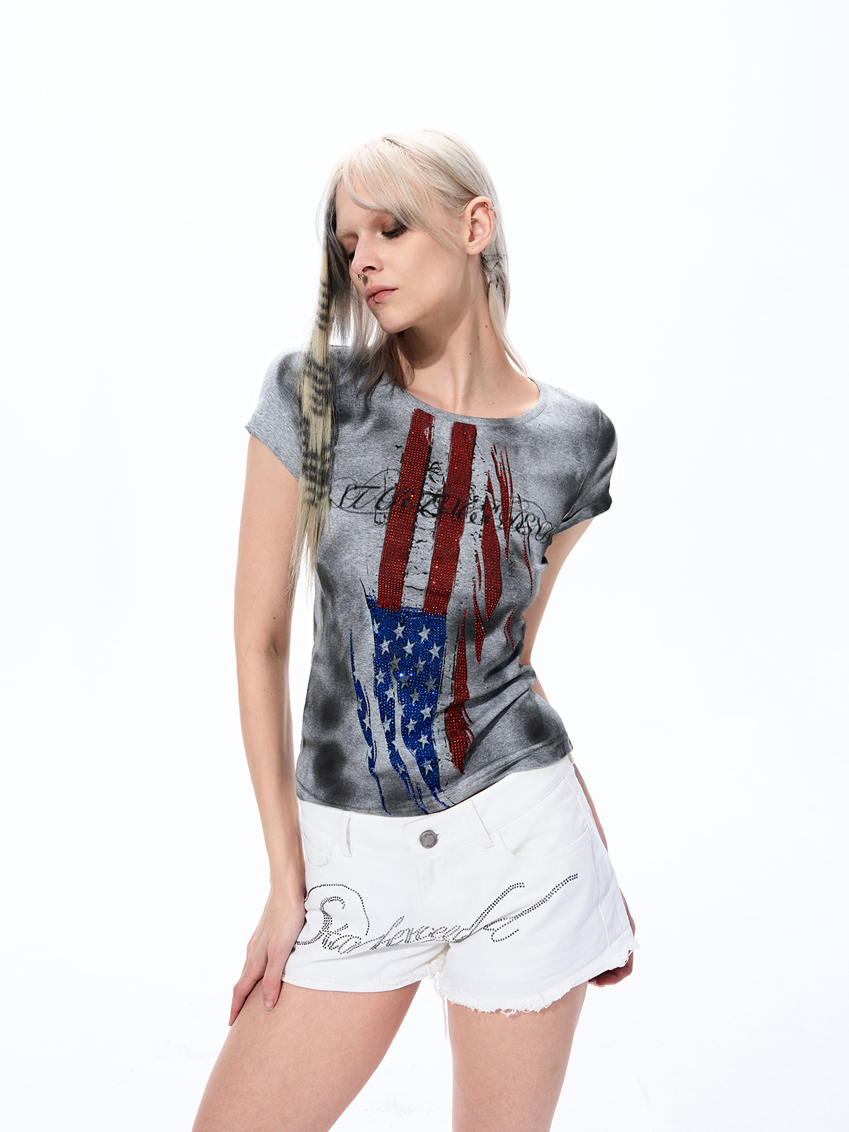 HAND-PAINTED DIRTY WASH RHINESTONE FLAG TEE-GREY