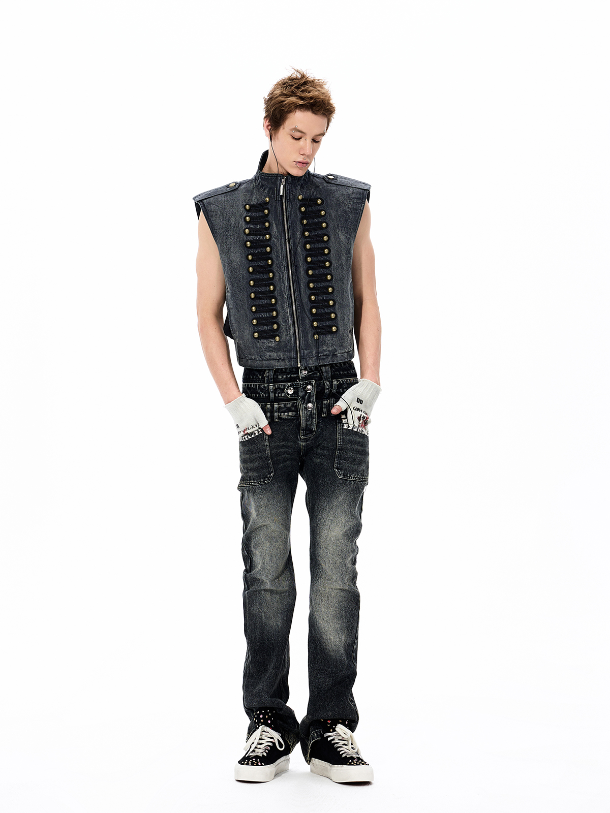 DISTRESSED DENIM NAPOLEON MILITARY VEST