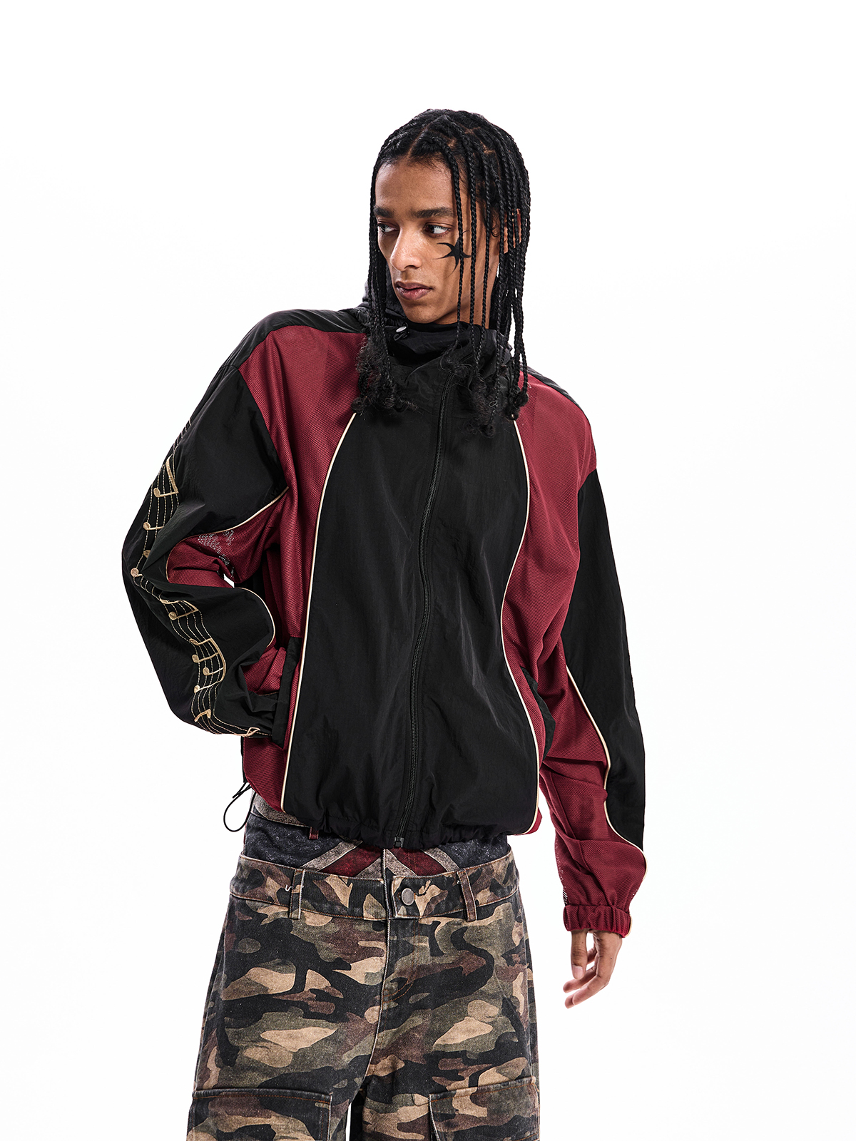 BLACK EMBROIDERED MESH HOODED JACKET