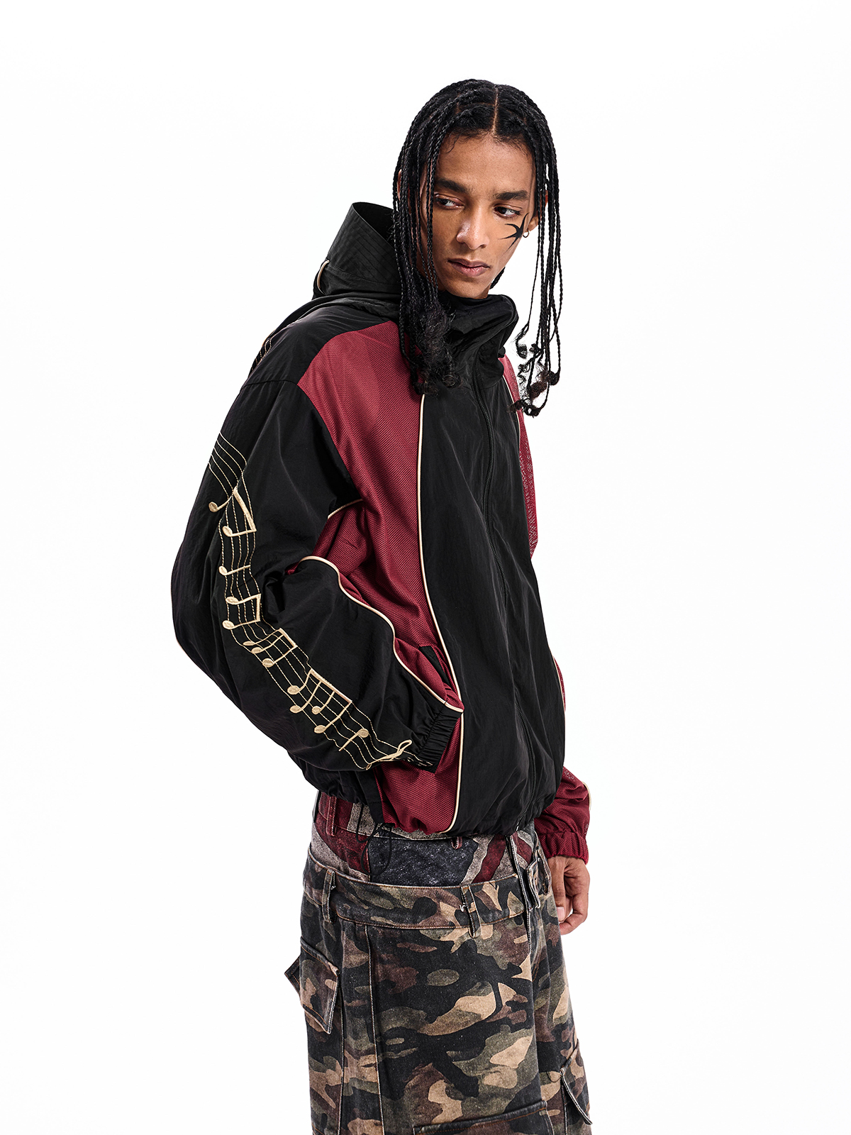 BLACK EMBROIDERED MESH HOODED JACKET