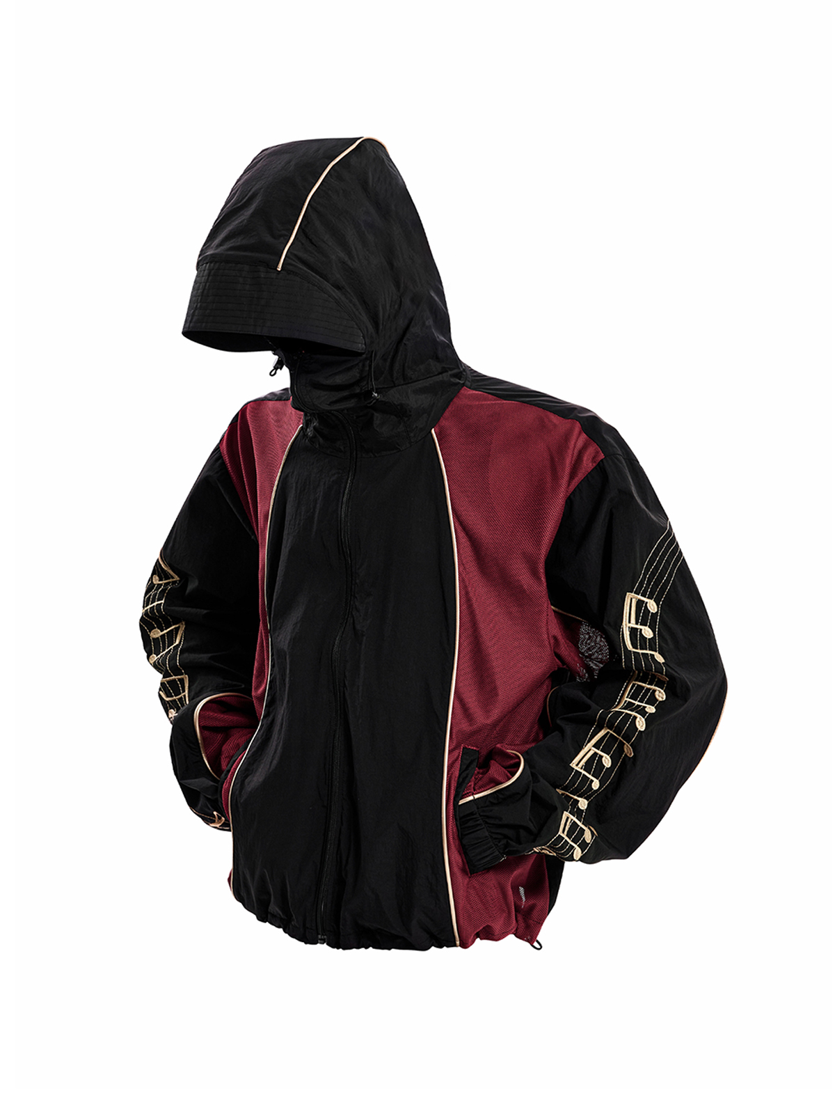 BLACK EMBROIDERED MESH HOODED JACKET