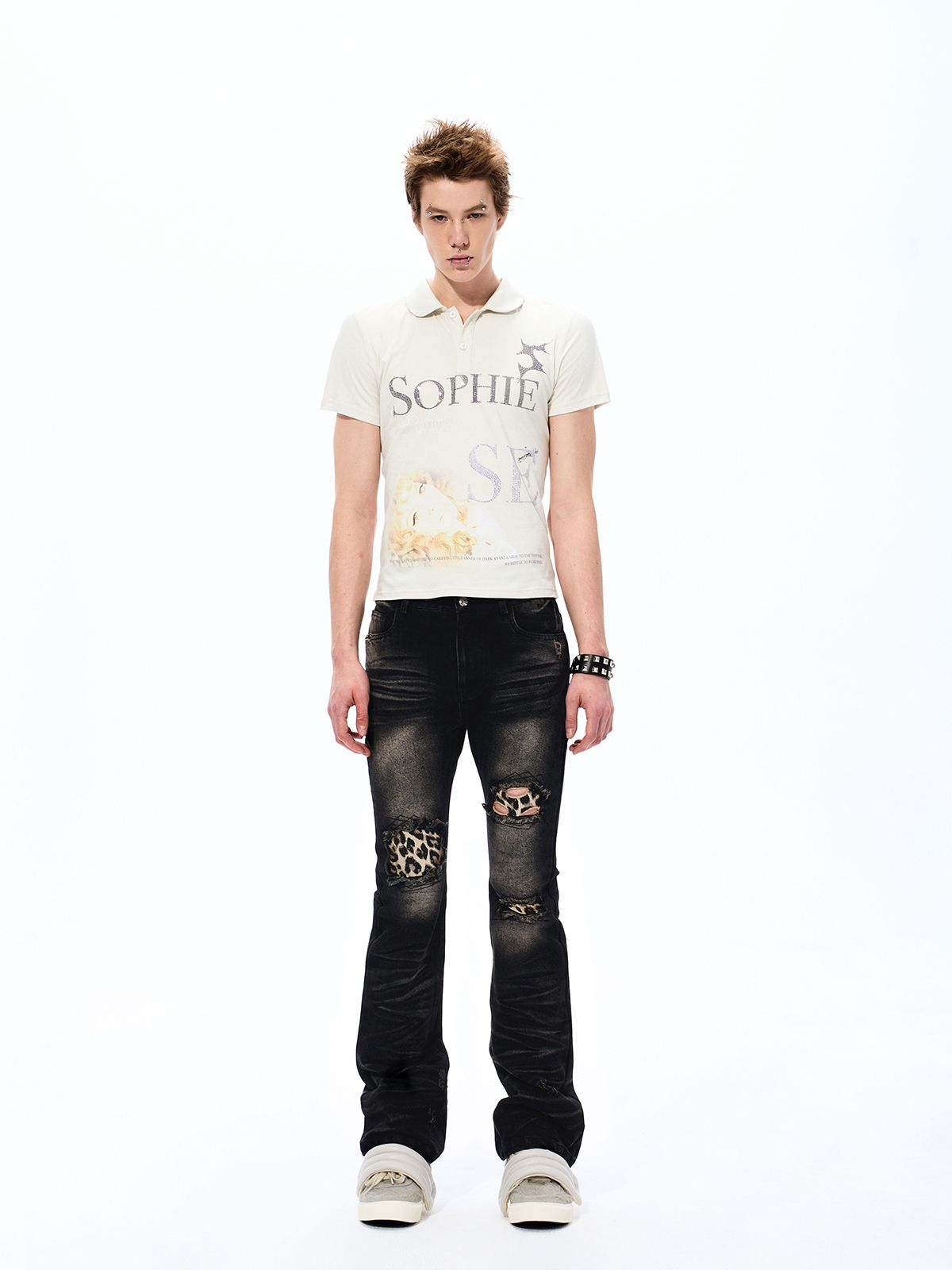 WASHED STACKED DISTRESSED LEOPARD PRINT FLARE JEANS