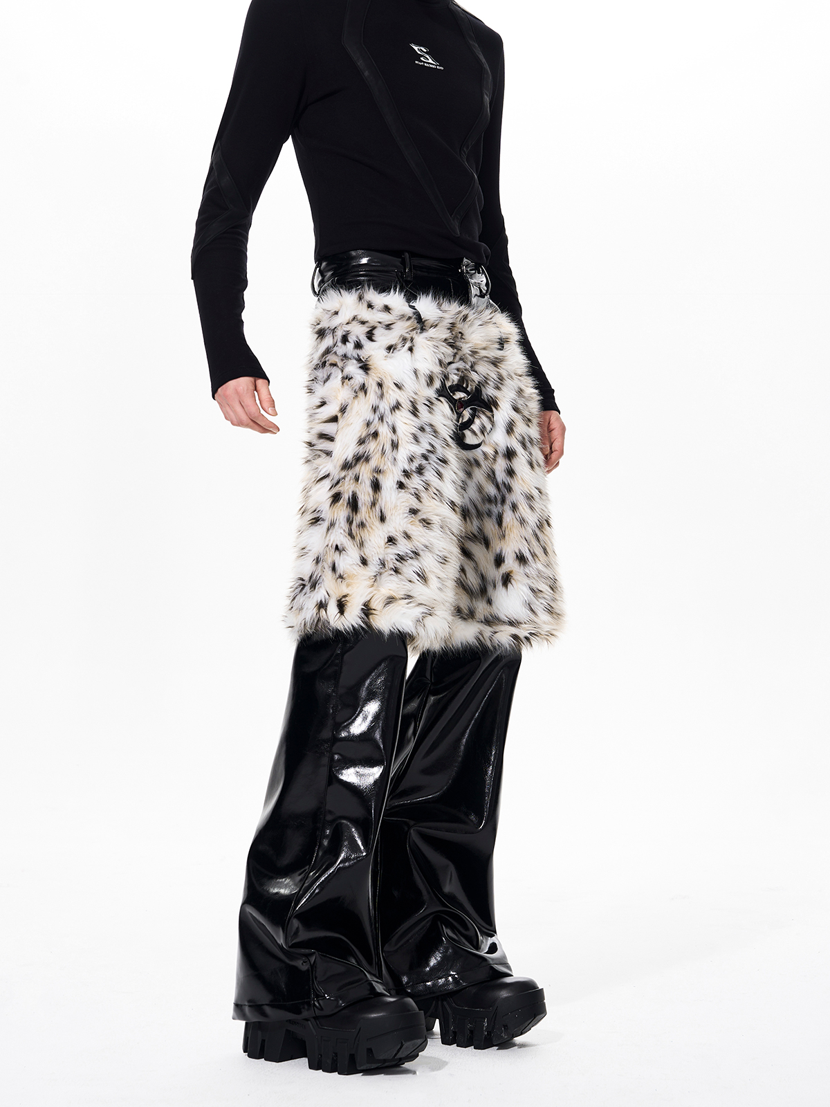LEOPARD FUR LAYERED PATENT LEATHER FLARED PANTS
