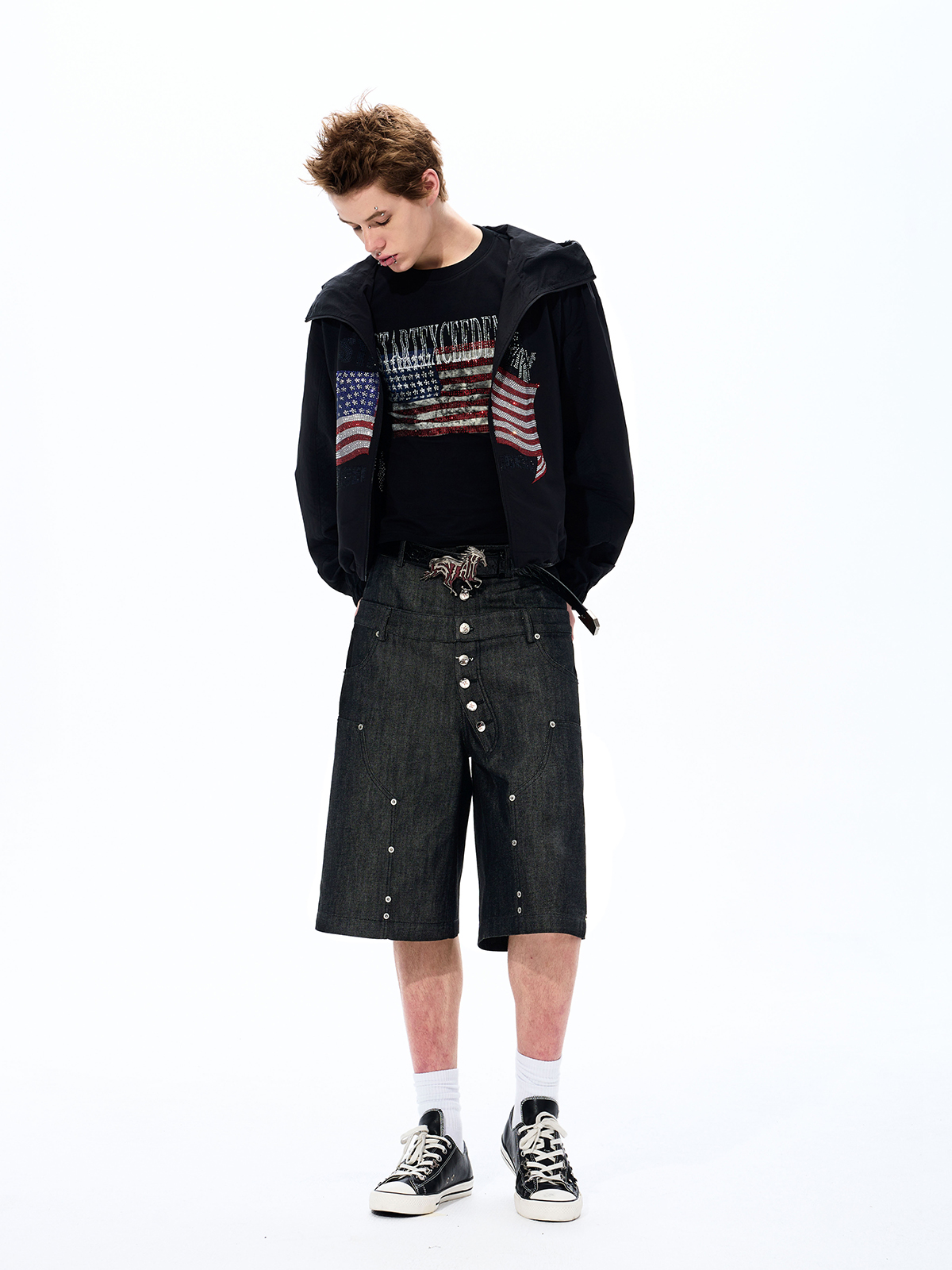 RHINESTONE AMERICANA LIGHTWEIGHT SUN HOODIE-BLACK