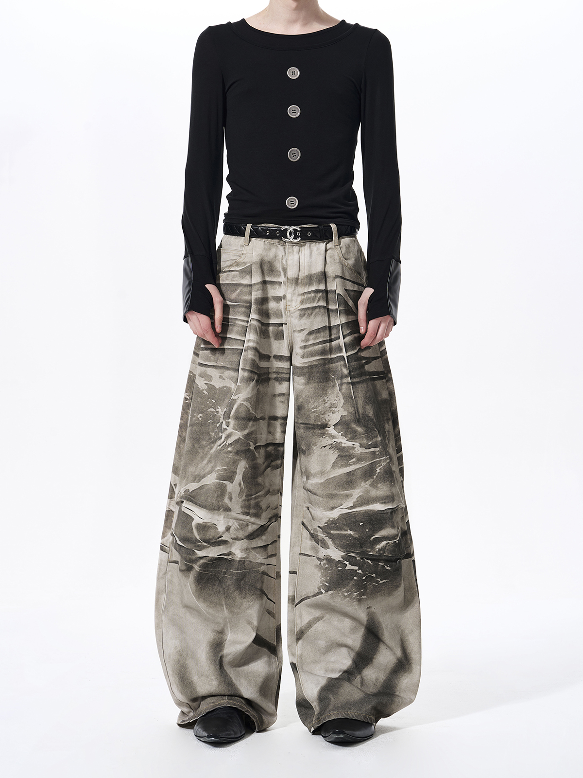 TIE-DYE DISTRESSED WIDE LEG PUDDLE DENIM
