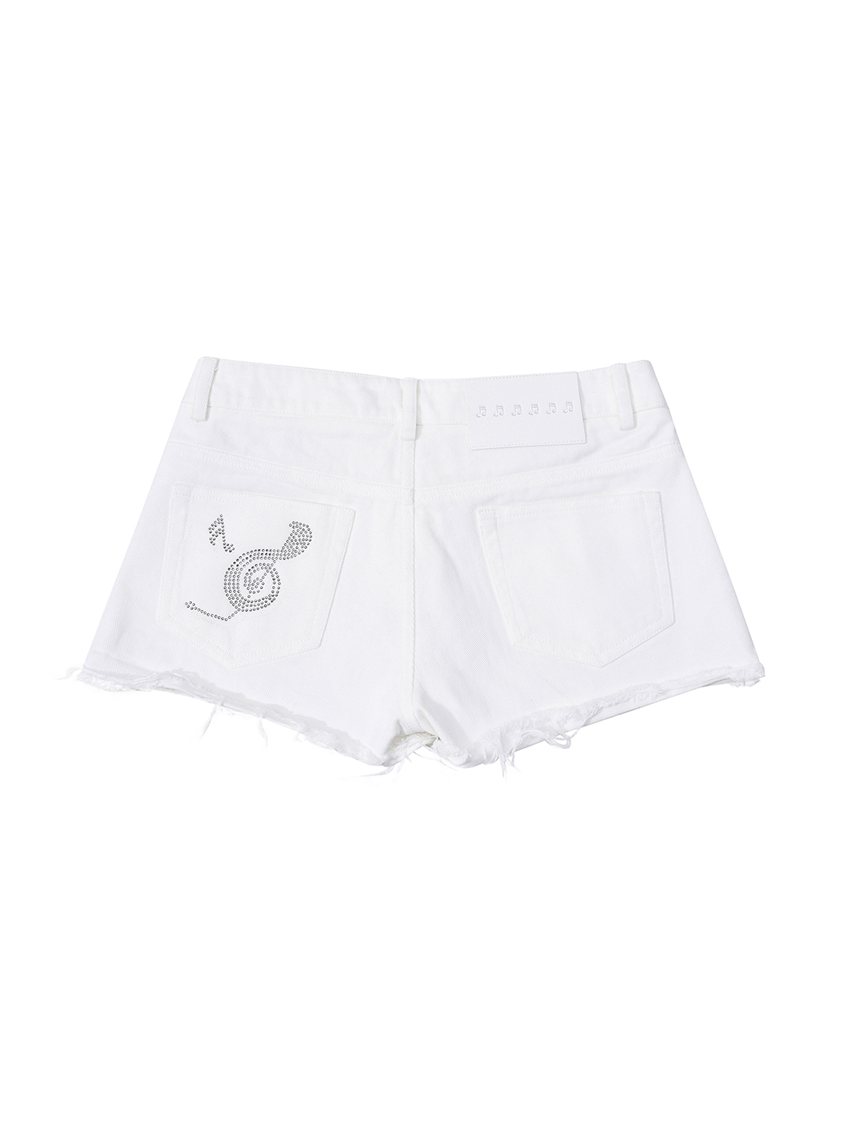 RHINESTONE MUSICAL NOTE LOW-RISE DENIM HOT PANTS-WHITE