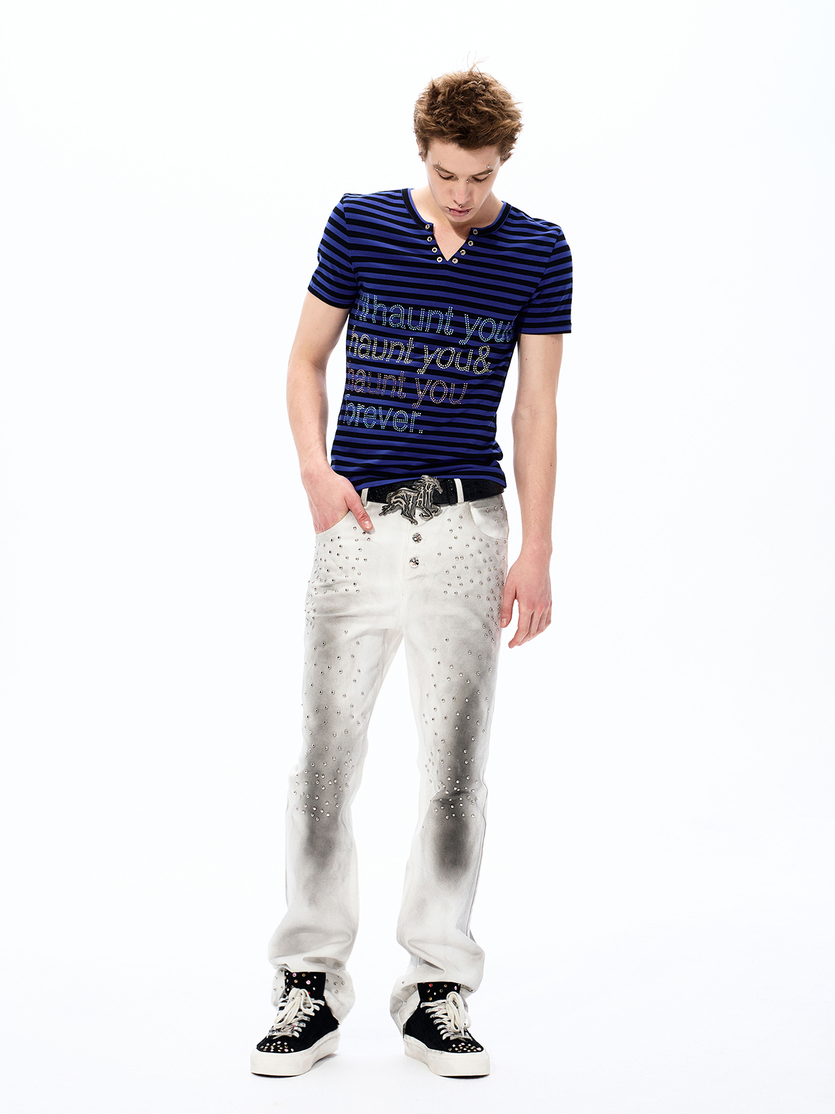 "HAUNT YOU FOREVER" RHINESTONE STRIPED V-NECK TEE
