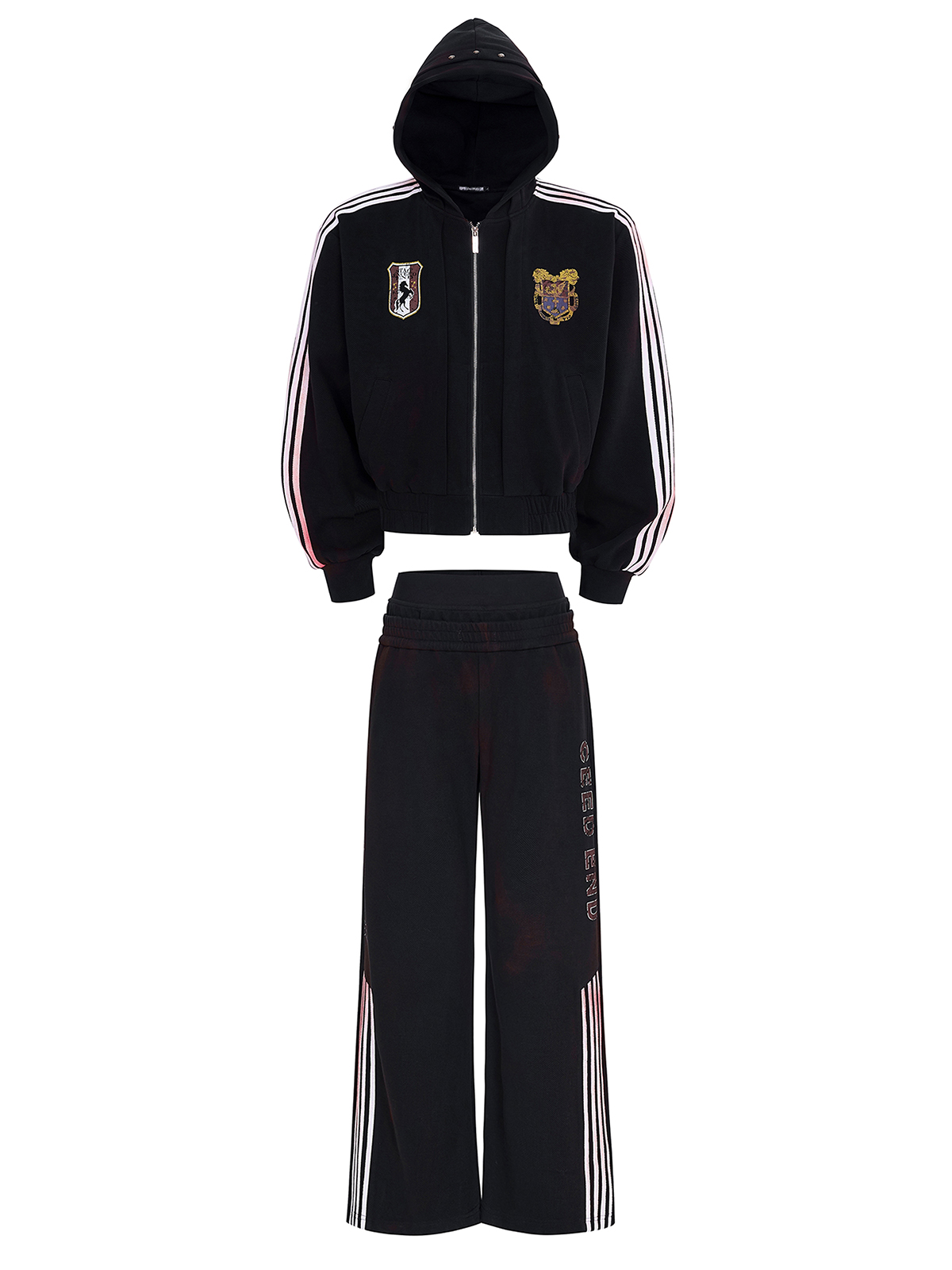 DISTRESSED MOTO BADGE 4-STRIPE TRACKSUIT SET-BLACK