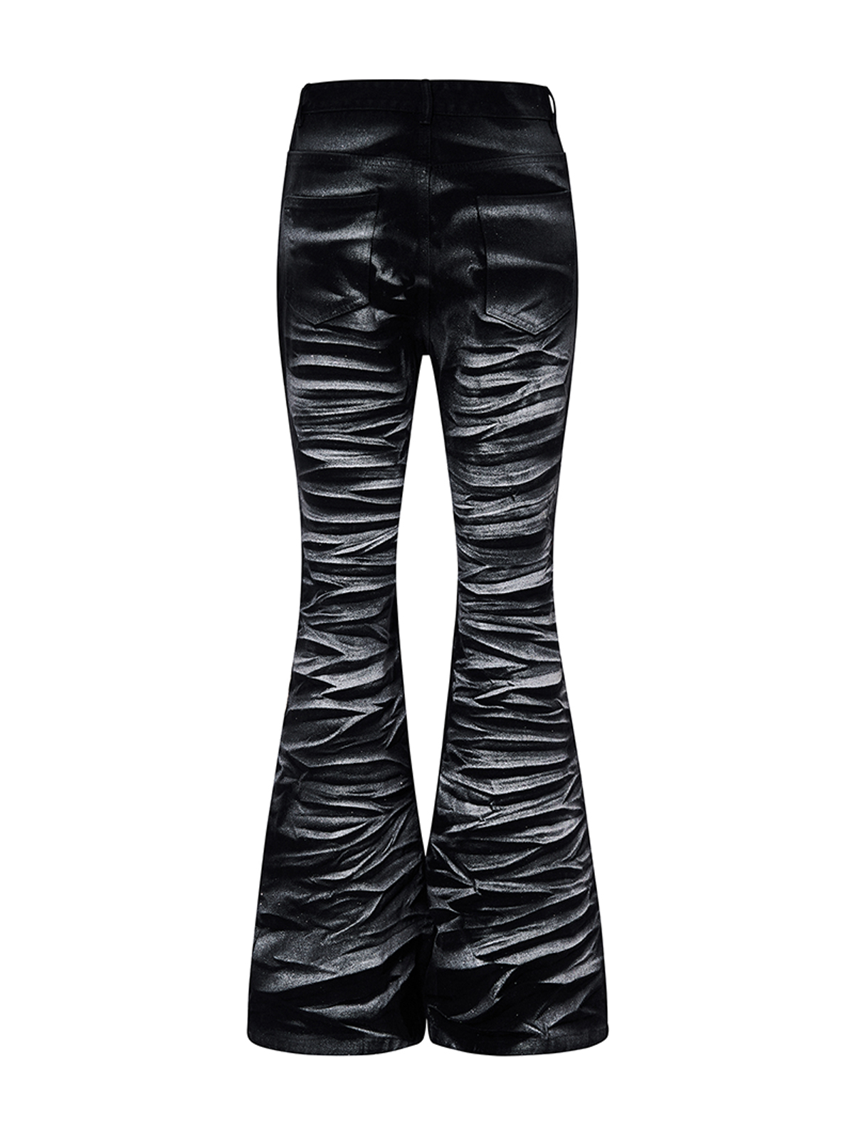 METALLIC COATED RIPPLE PLEATED FLARE DENIM