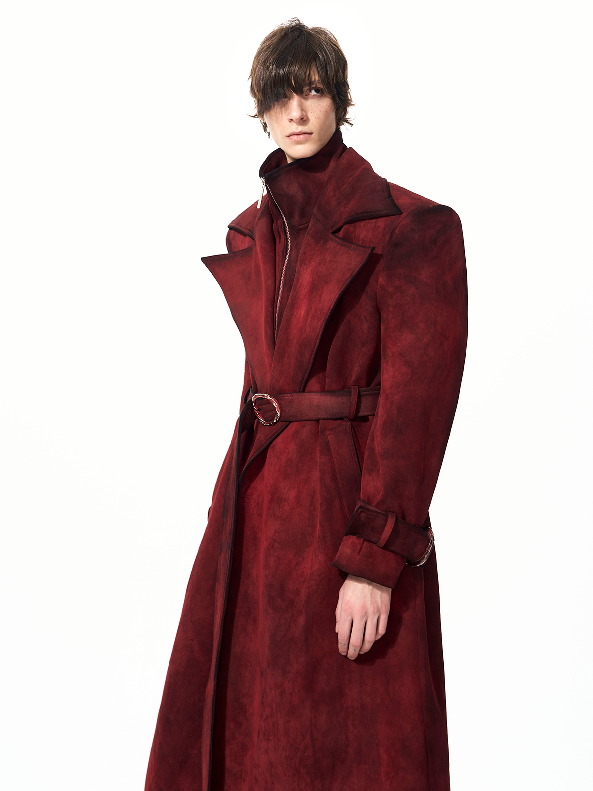 BLOOD RED DISTRESSED SUEDE BELTED TRENCH COAT-START EXCEED END