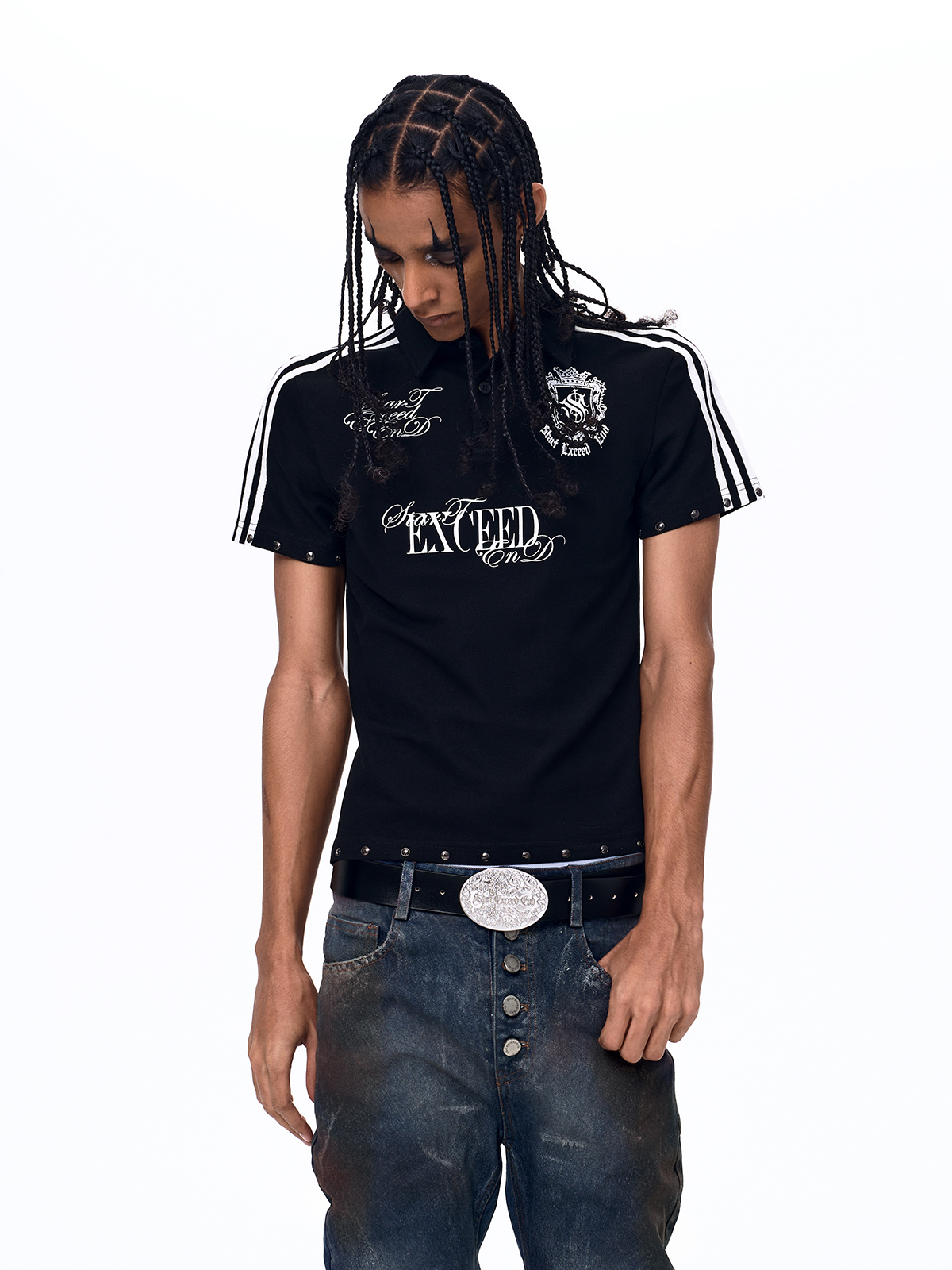 STUDDED DOUBLE STRIPE CREST POLO SHIRT