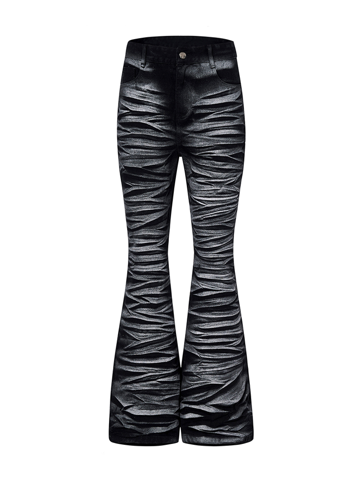 METALLIC COATED RIPPLE PLEATED FLARE DENIM