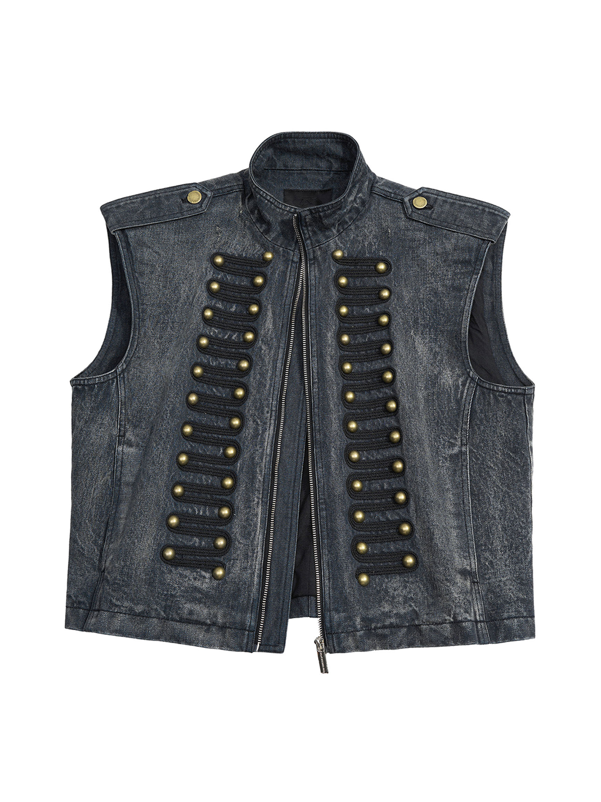 DISTRESSED DENIM NAPOLEON MILITARY VEST