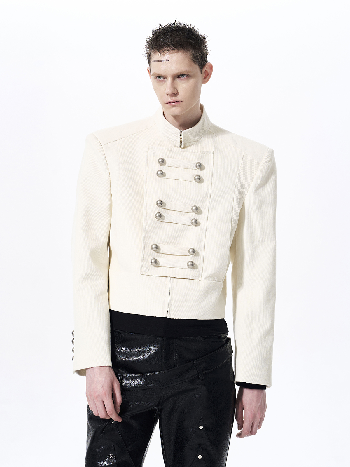 RETRO CORDUROY STAND COLLAR CROPPED JACKET-IVORY WHITE