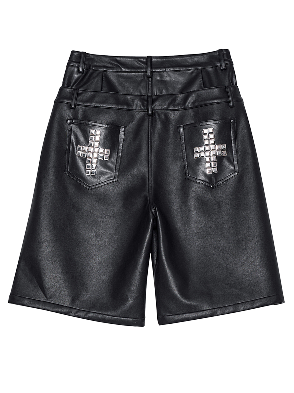 DOUBLE WAIST STUDDED CROSS PU LEATHER JORTS