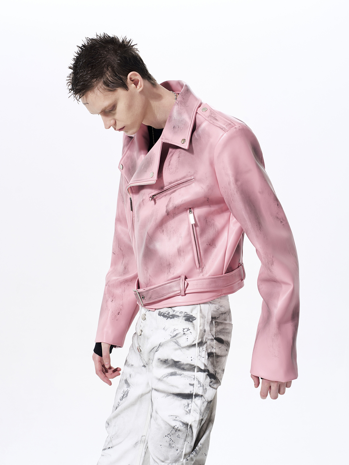 DISTRESSED WAR HORSE BIKER JACKET-PINK