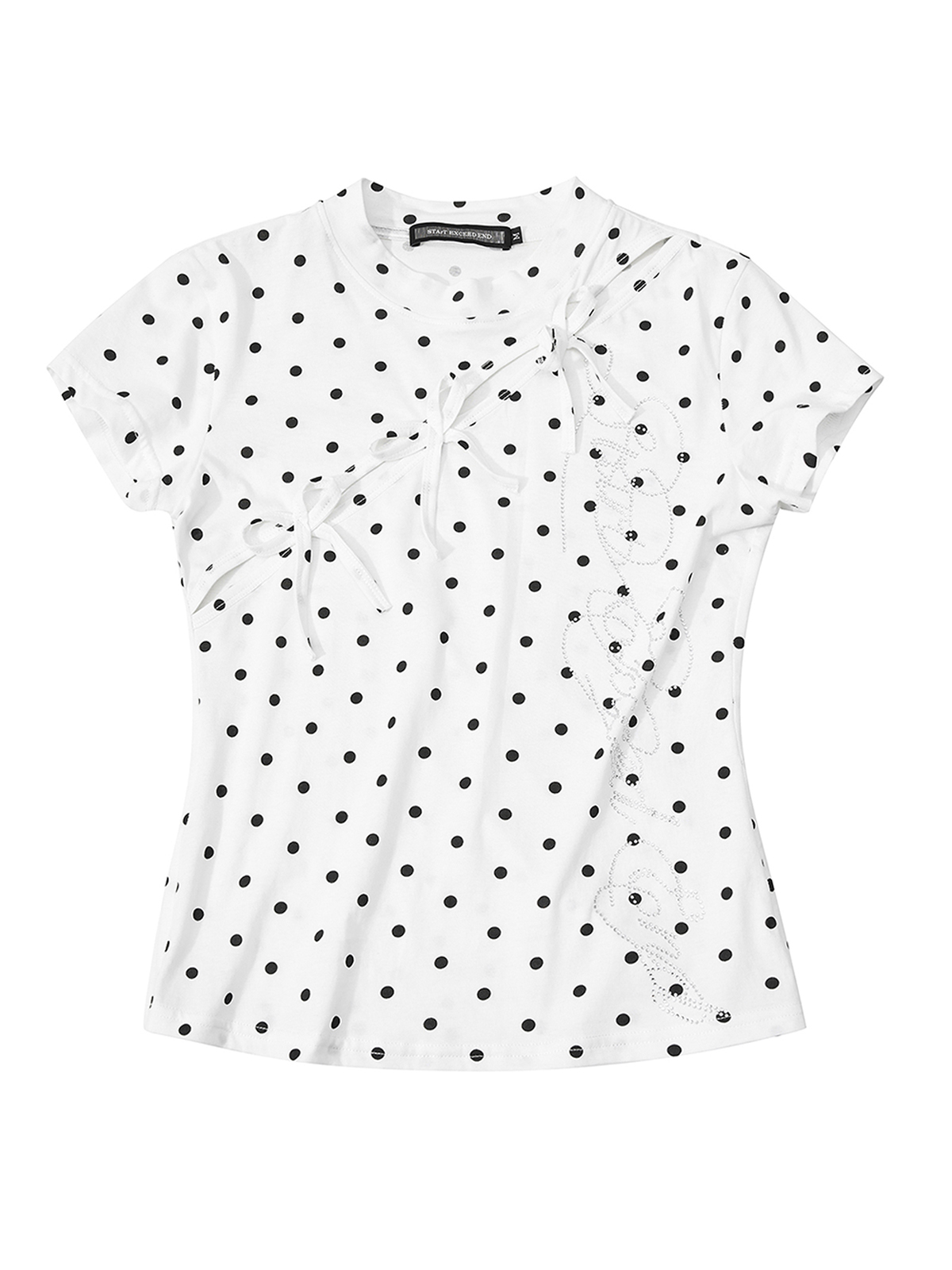 POLKA DOT CUT-OUT BOW TEE WITH RHINESTONES-WHITE