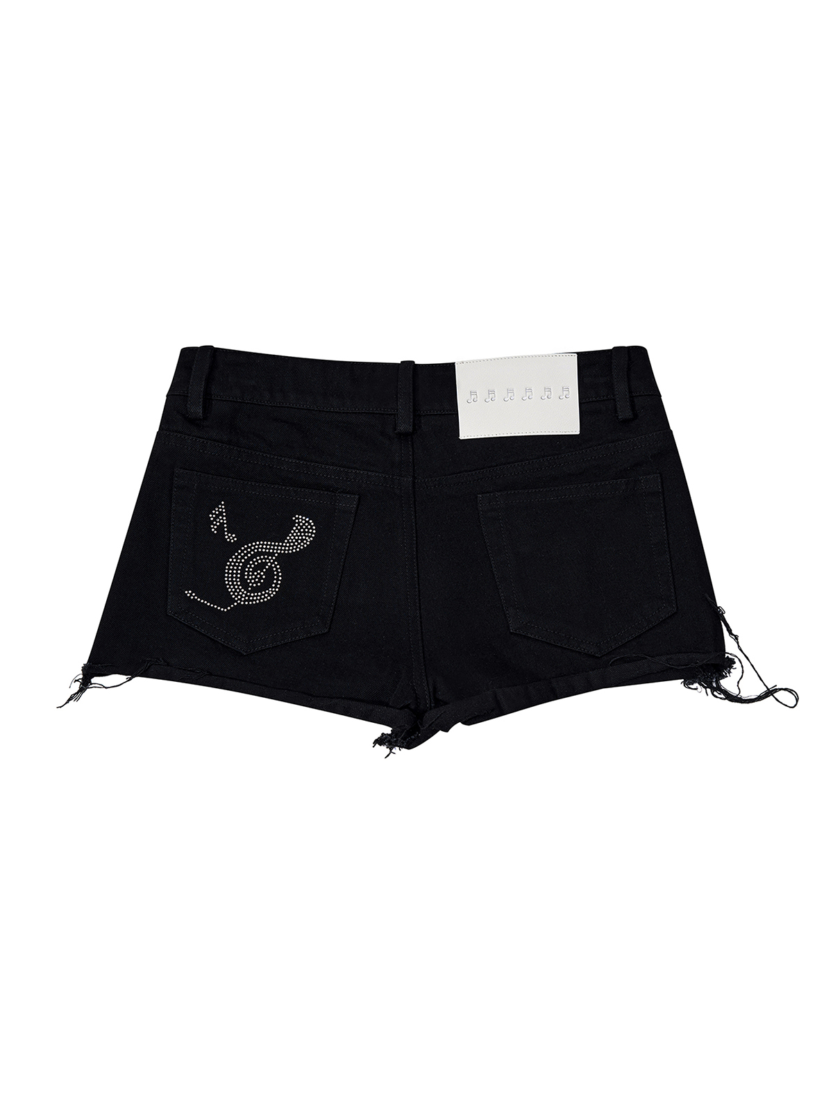 RHINESTONE MUSICAL NOTE LOW-RISE DENIM HOT PANTS-BLACK