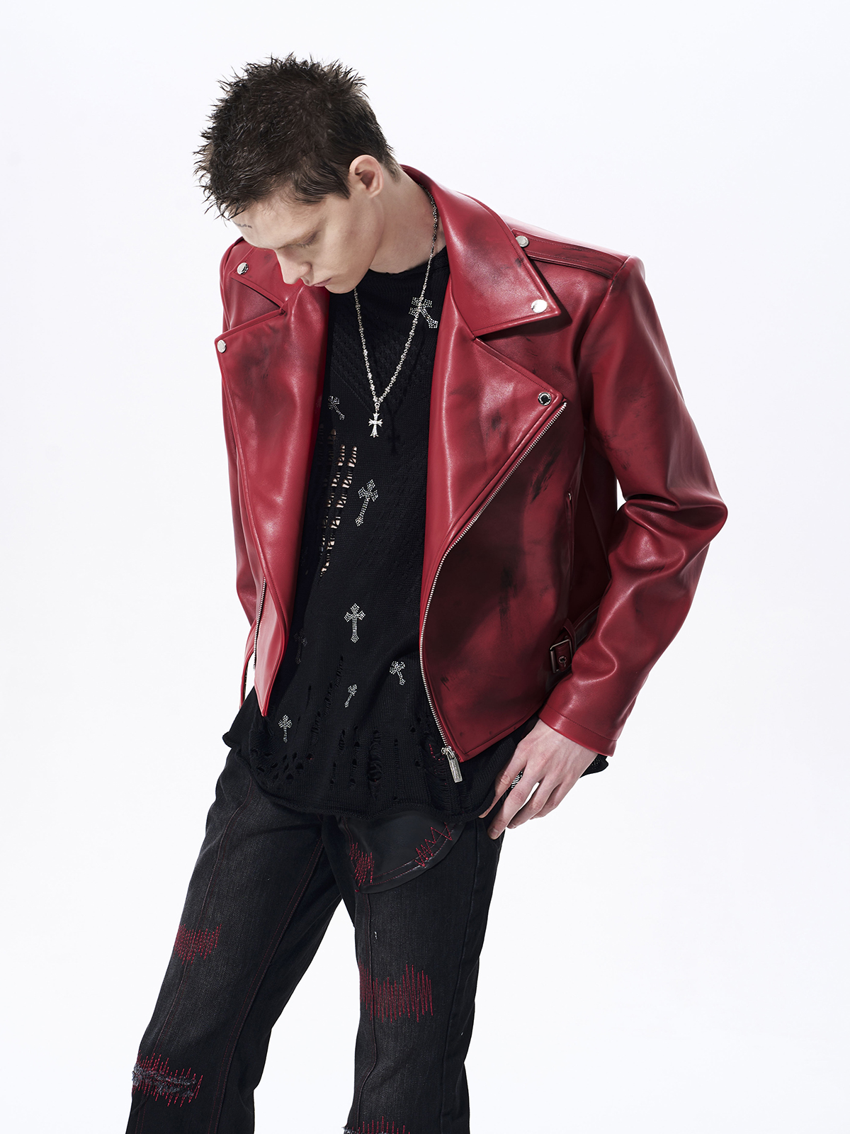 DISTRESSED WAR HORSE BIKER JACKET-RED