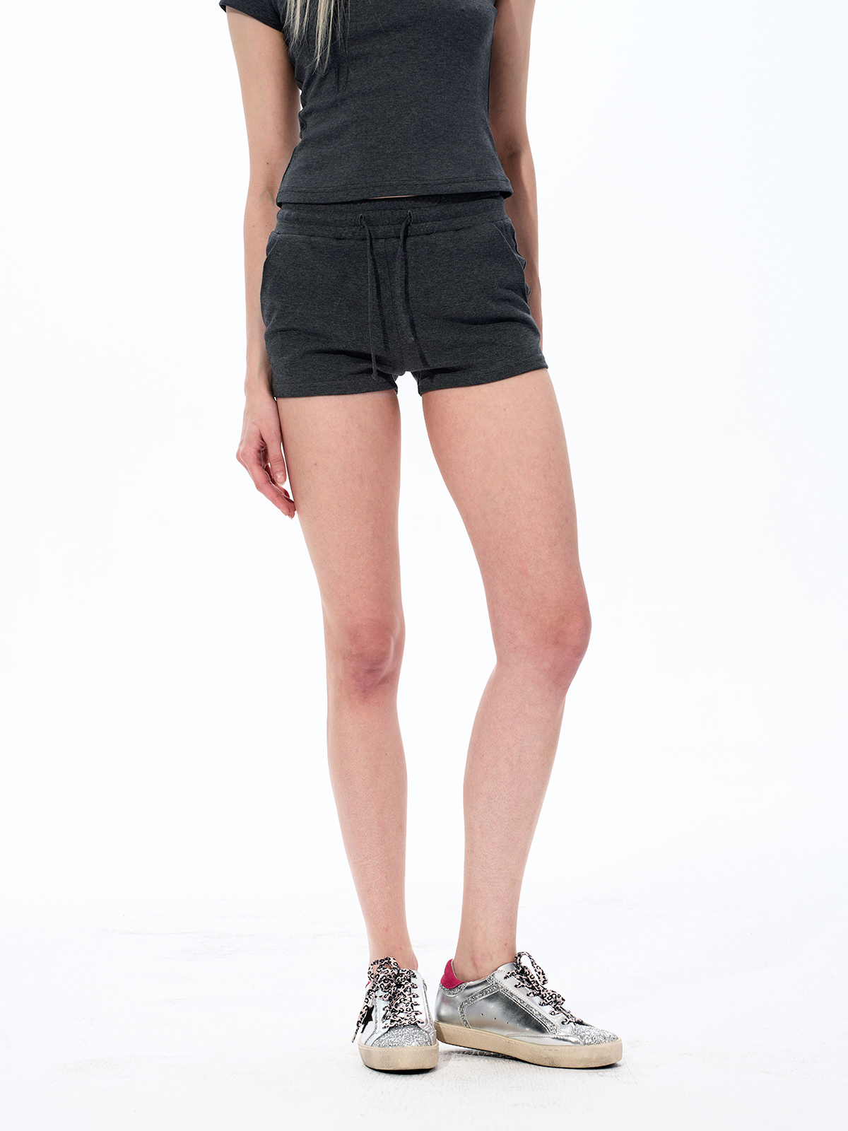 RHINESTONE ANGEL WING TWO-PIECE POLO SET-CHARCOAL GREY
