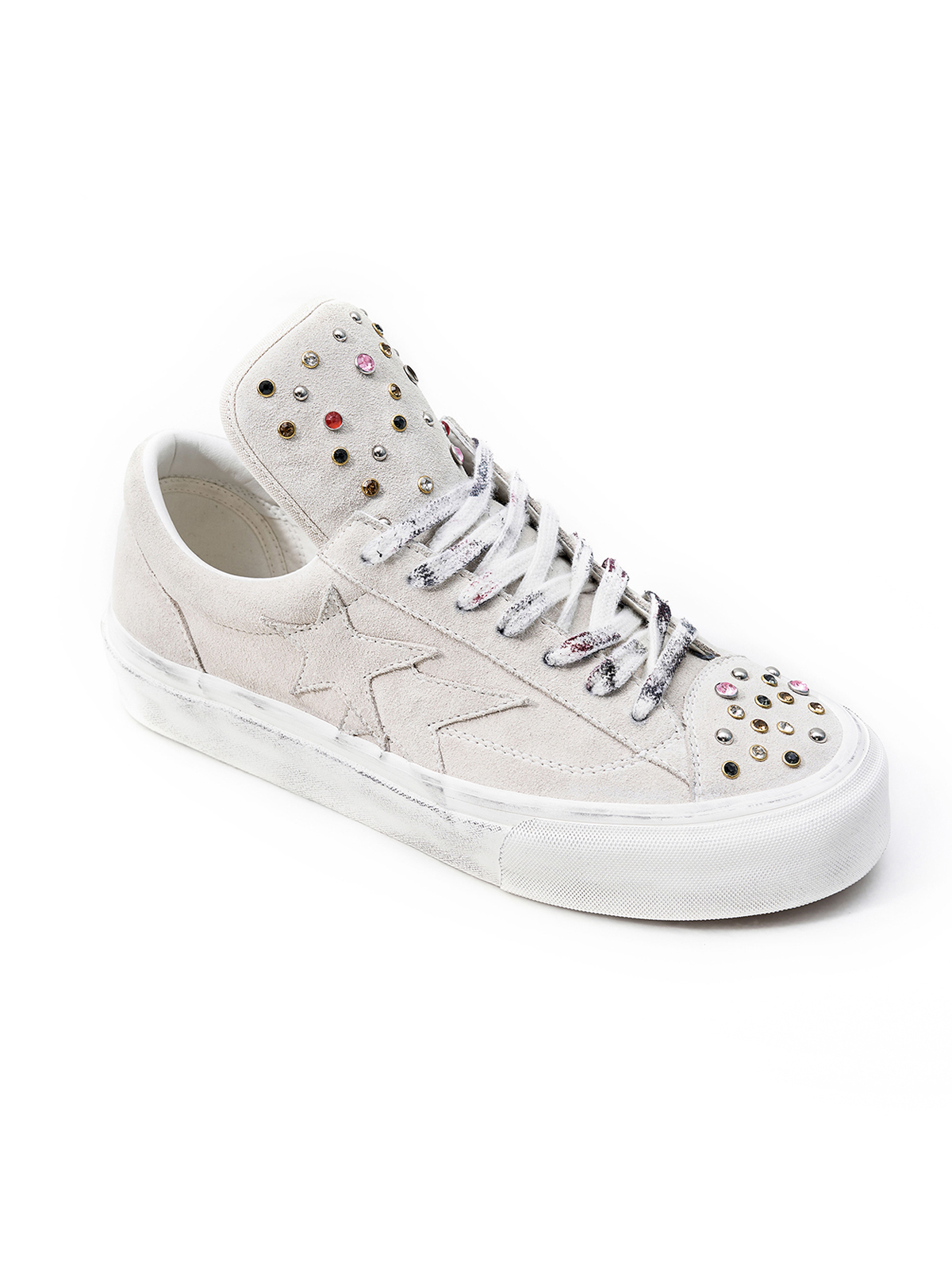 RHINESTONE STUDDED DISTRESSED PLATFORM SNEAKERS-VINTAGE WHITE