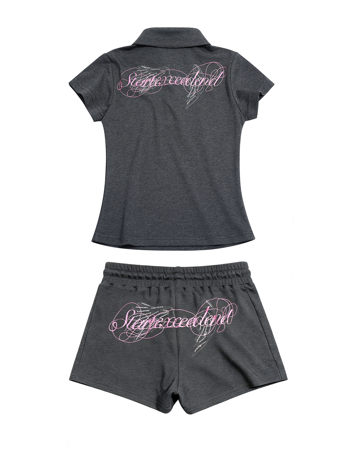 RHINESTONE ANGEL WING TWO-PIECE POLO SET-CHARCOAL GREY