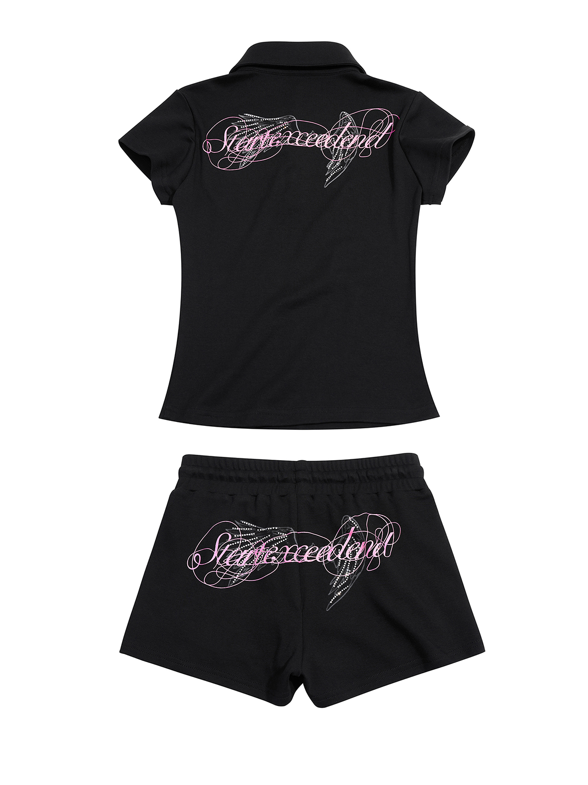 RHINESTONE ANGEL WING TWO-PIECE POLO SET-BLACK