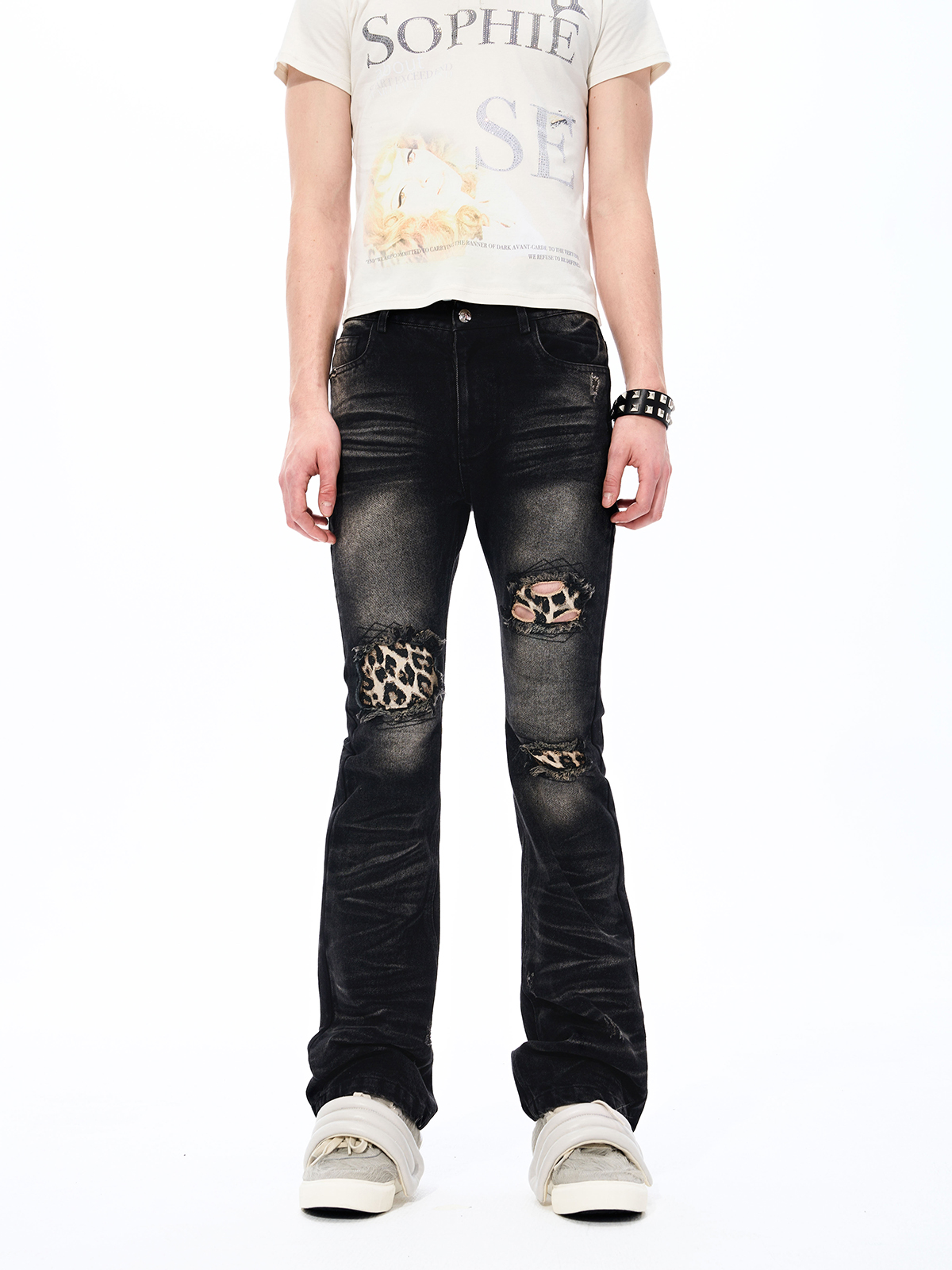 WASHED STACKED DISTRESSED LEOPARD PRINT FLARE JEANS